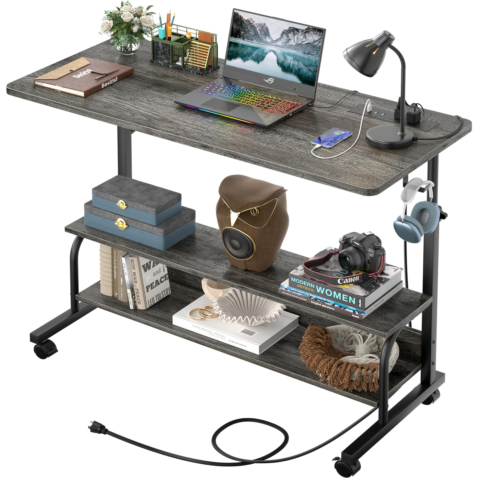 39" Height Adjustable Standing Desk with Power Outlets - Manual Rolling Stand Up Desk with Wheels Small Portable Computer Desk Mobile Laptop Table