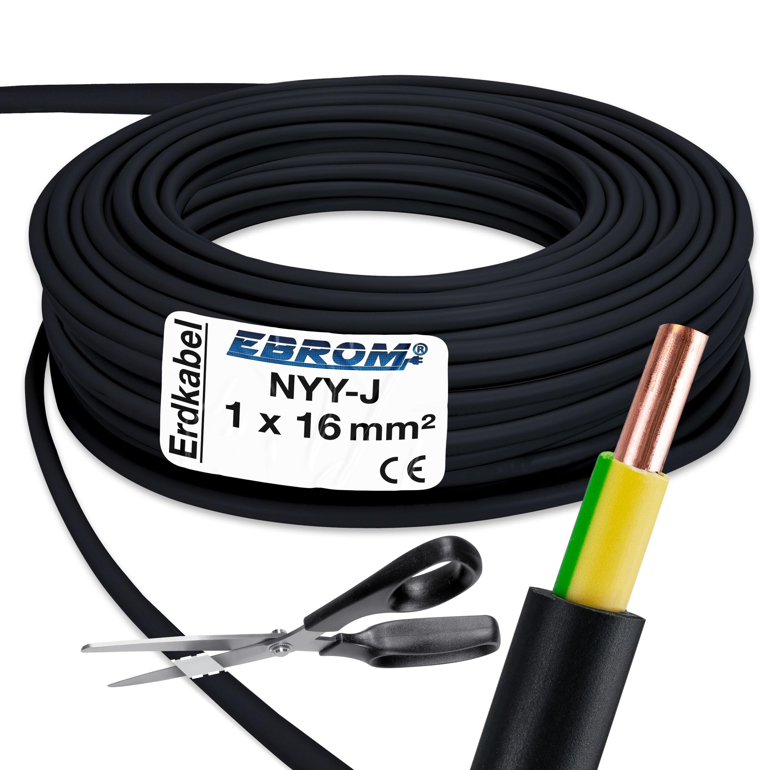NYY-J kabel zasilający, 1 x 16 mm² czarny, duży wybór ilości, od 5 m, dostarczany w jednym kawałku