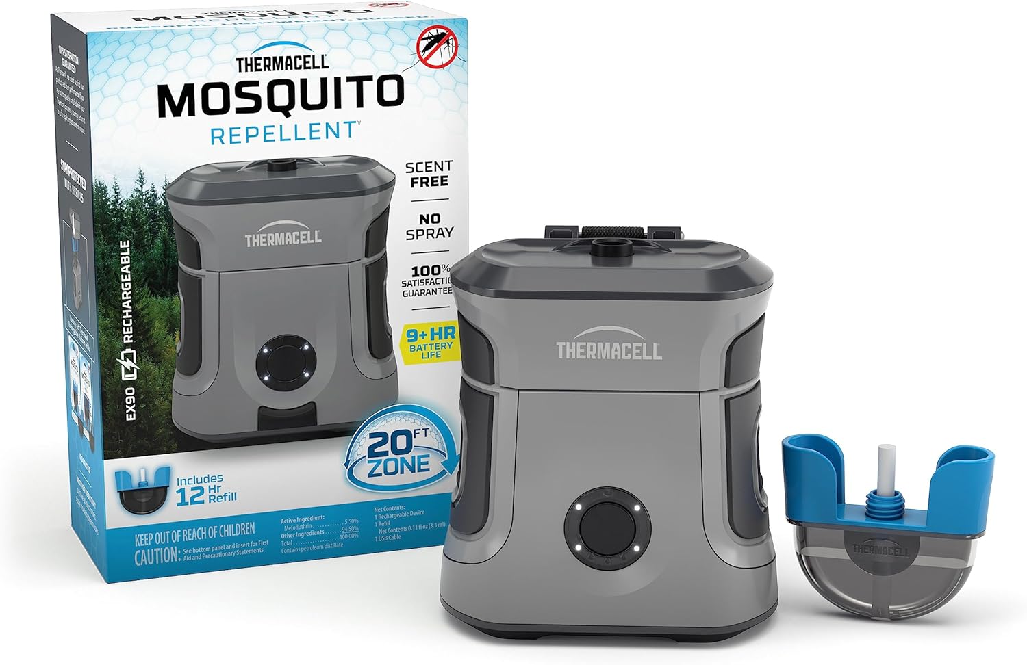 Thermacell Mosquito Repellent Rechargeable Adventure EX-Series EX90; 9-Hour Battery, Includes 12-Hr Refill, Rubber Armor & Carabiner; DEET-Free Bug Spray Alternative; Scent Free; Weather Resistant