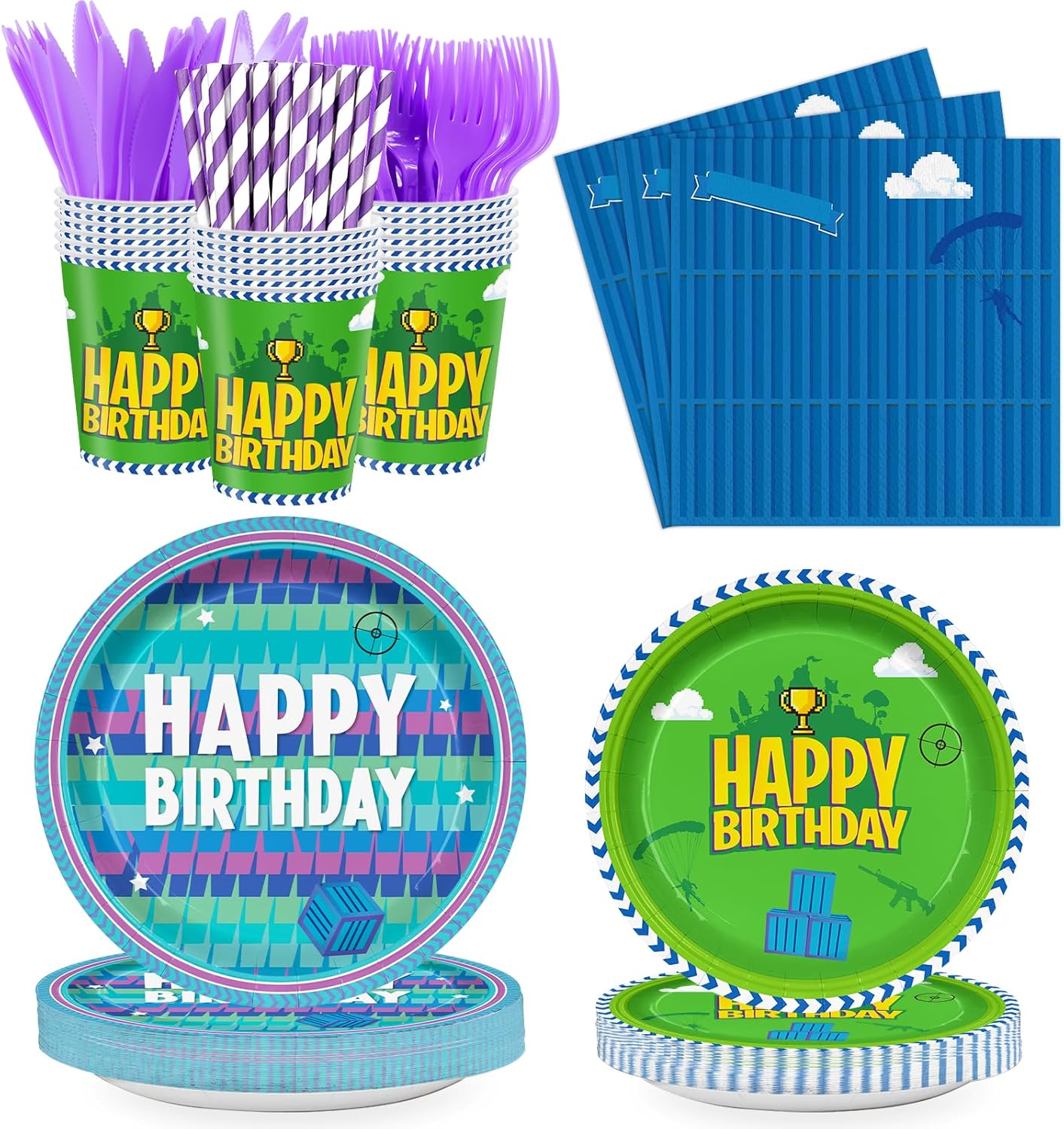 168Pcs Video Games Party Tableware Supplies,Including Paper Plates Napkins Cups Forks Knives and Straw Video Games Theme Party Birthday Decorations Serve 24 Guests 168Pcs Video Games Party Tableware Supplies,Including Paper Plates Napkins Cups Forks Knives and Straw Video Games Theme Party Birthday Decorations Serve 24 Guests