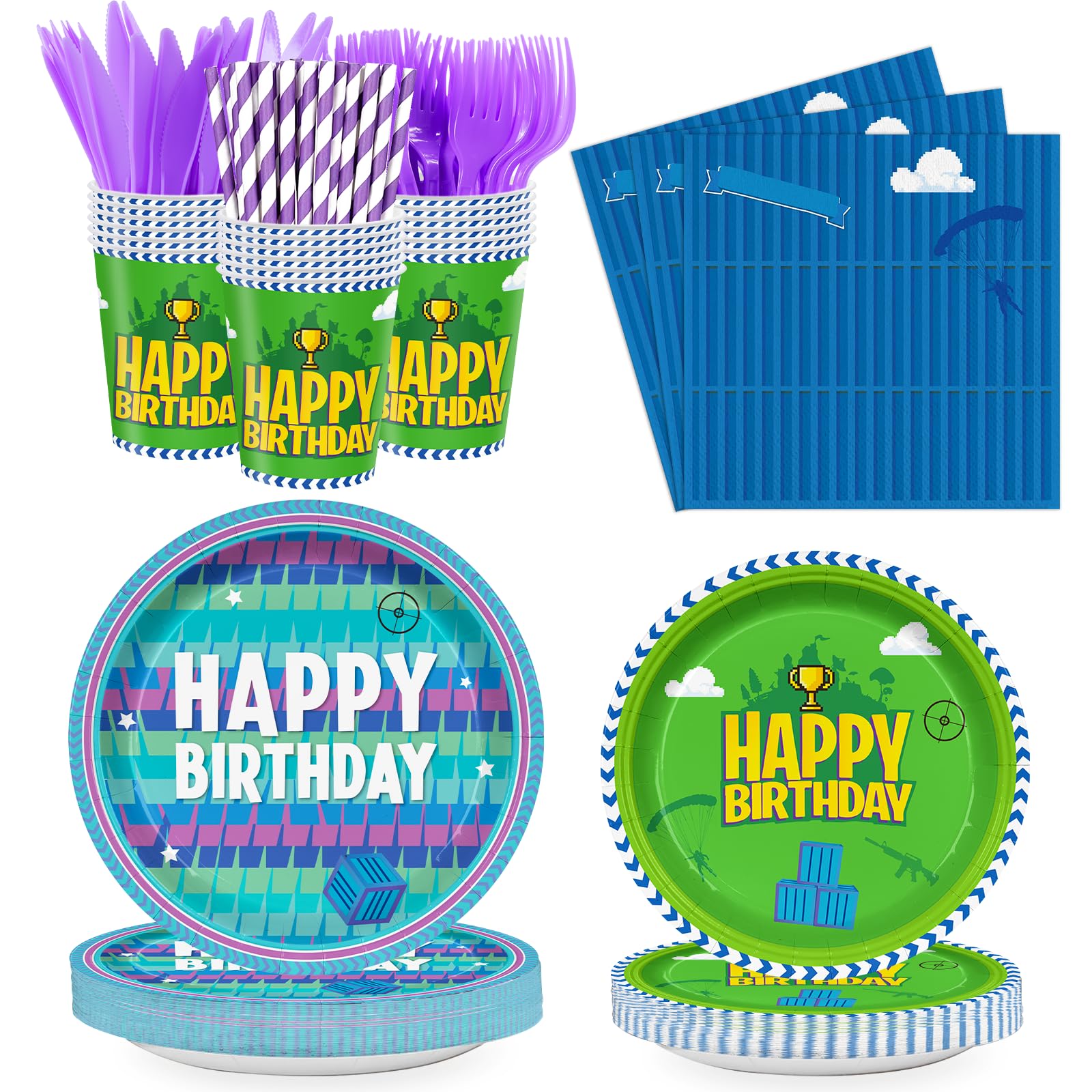 Video Games Party Tableware Supplies，Including Paper Plates Napkins Cups Forks Knives and Straw Video Games Theme Party Birthday Decorations Serve 24