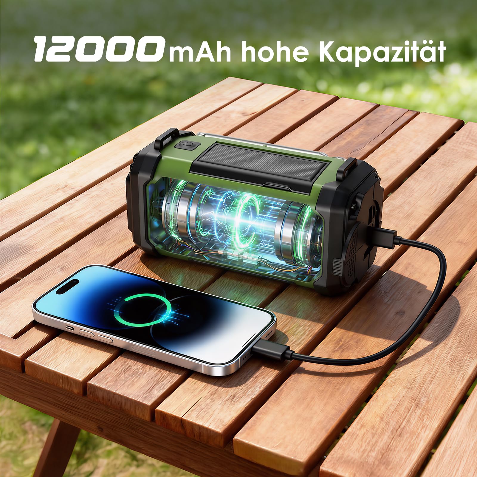 Vikeri Kurbelradio 12000mAh, Notfallradio mit Kurbel und Solar mit AM/FM/SW, LED Camping Licht,SOS Alarm,Kompass, USB-C Handyladung, Tragbare Radio mit Tragegurt für Notfall (Grün)