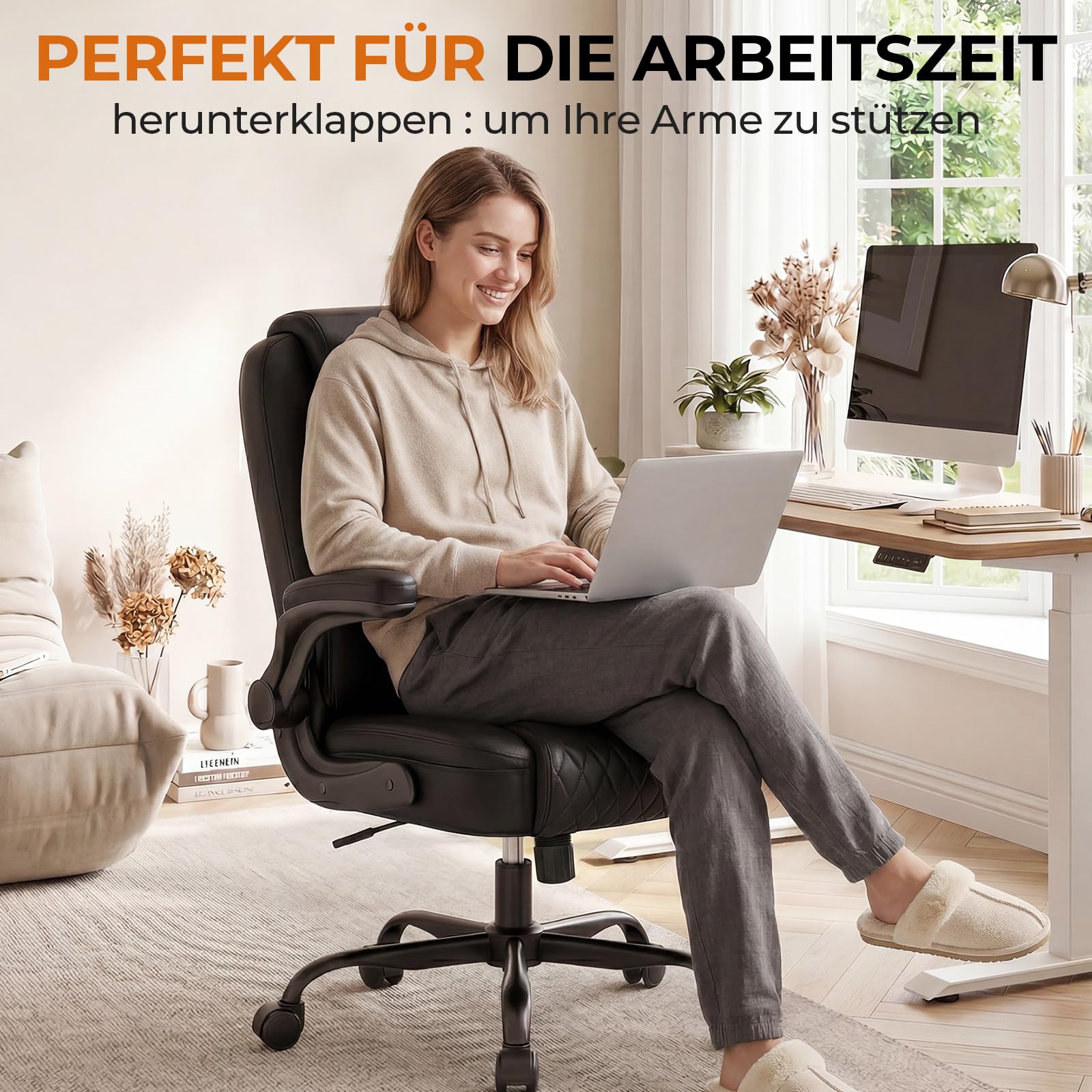 GTPLAYER Bürostuhl Ergonomisch, Schreibtischstuhl, Chefsessel mit Hoher Rückenlehne, Hochklappbaren Armlehnen, Höhenverstellbar, PU-Leder, Extra Breiter Sitz, für Büro & Homeoffice, Schwarz