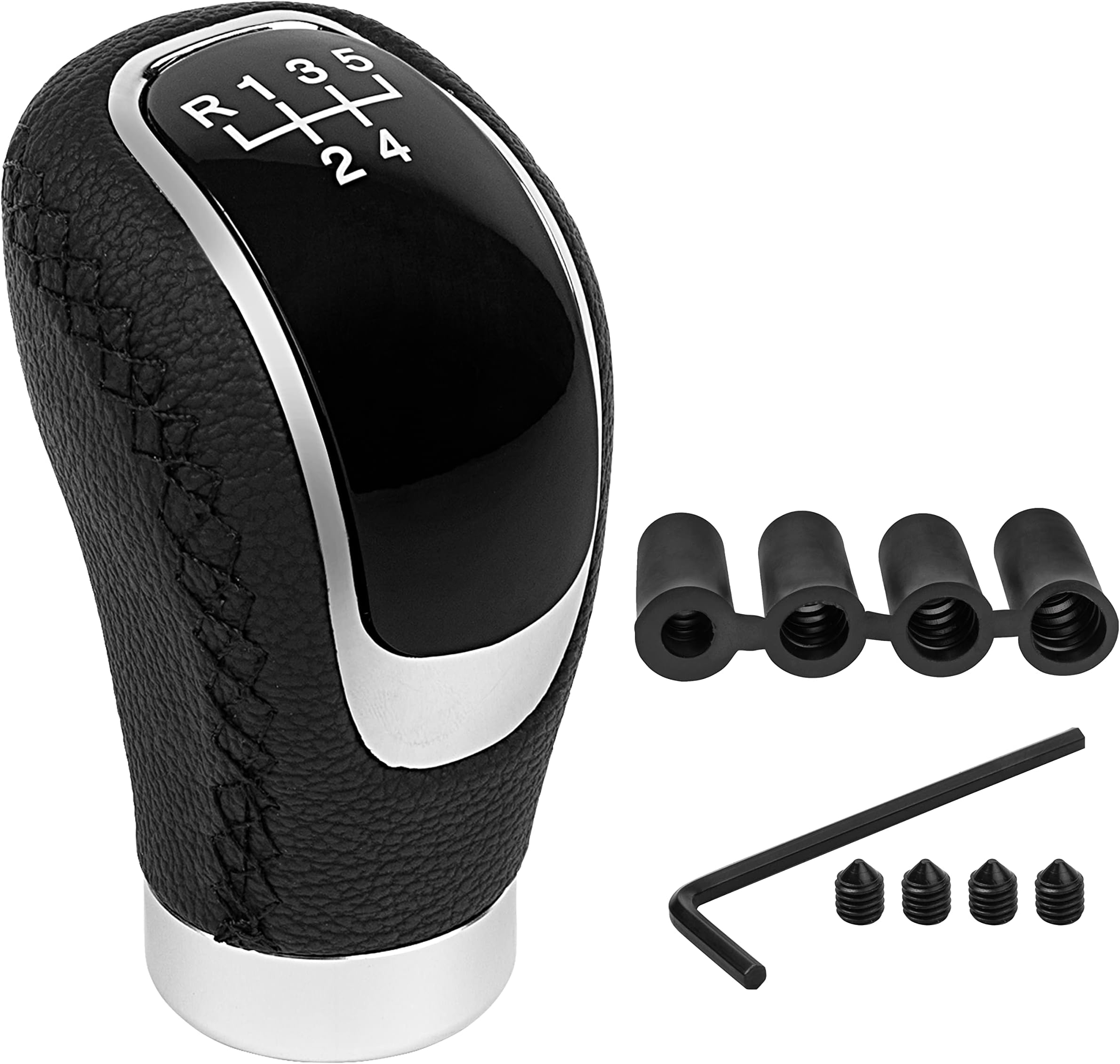 5 Speed Universal Gear Shift Knob - Manual Shifter Gear Stick 5 Speed Transmission - Includes adapters for Most Cars, SUV's, Van's - Renew Your Interior! (Black Stitching)