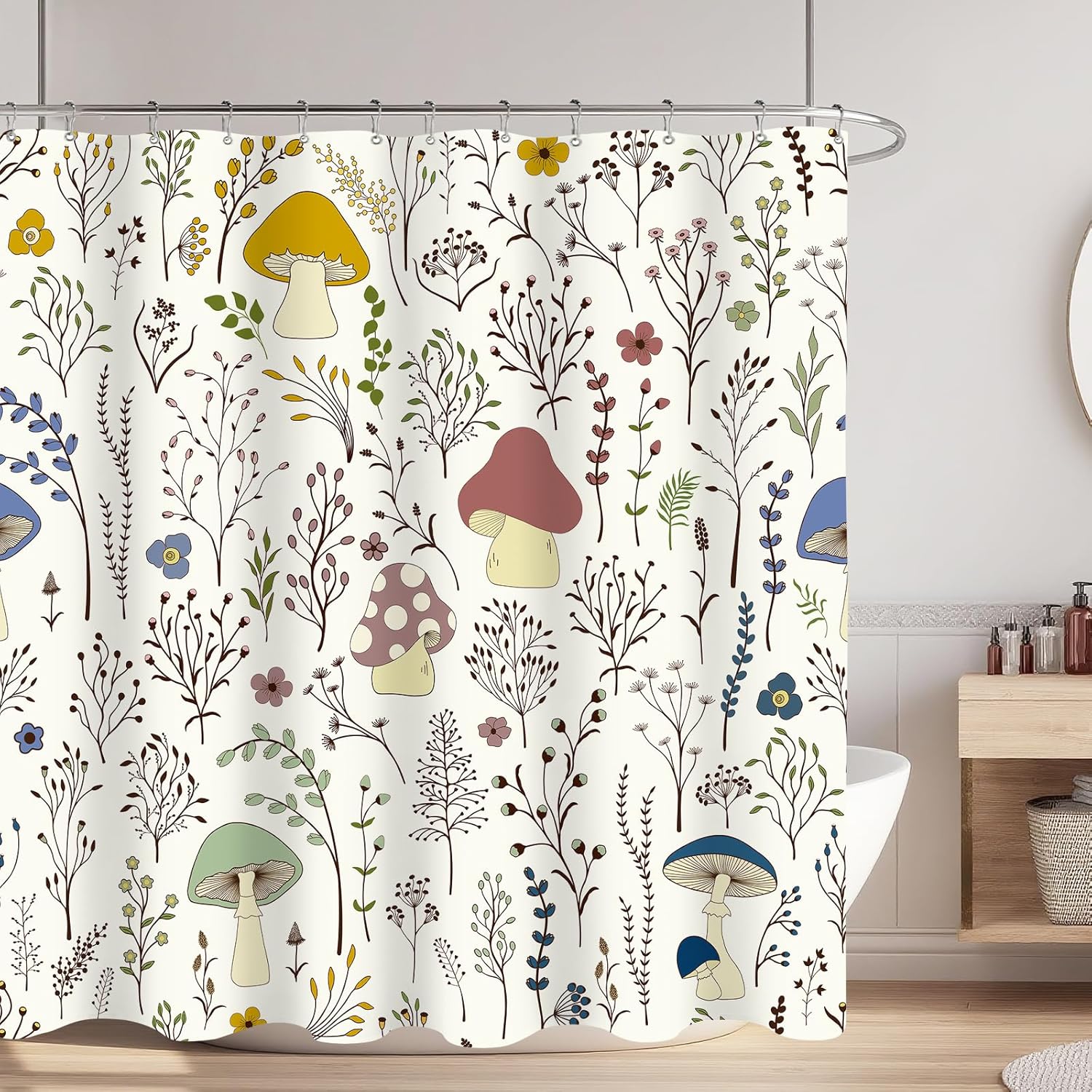 Extra Wide Cute Mushroom Shower Curtain 108 x 72, Funny Kids Shower Curtains for Claw Foot Tub, Colorful Cool 108 inch Long Shower Curtain Set with 18 Pack Plastic C-Hooks