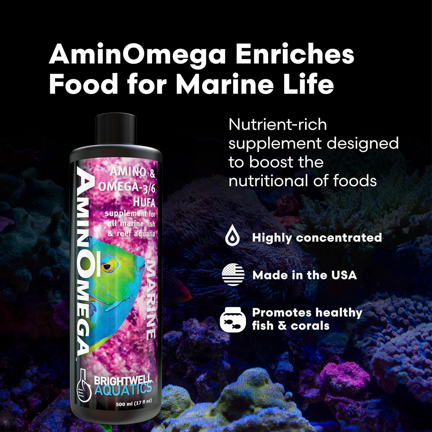 Brightwell Aquatics AminŌmega Amino Acid Omega-3 6 Supplement for Enriching Live Prepared Foods Supports Color Growth Recovery in Marine Fish Corals Inverts, 125 ml