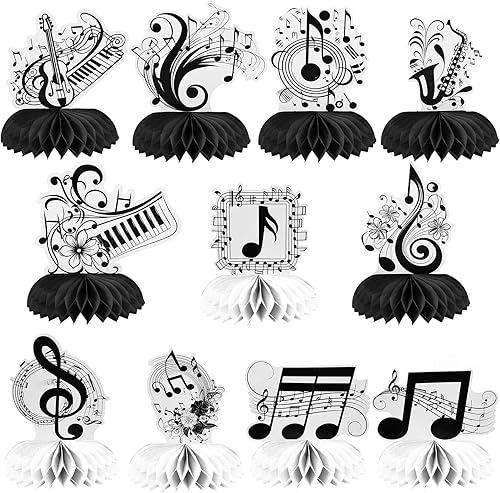 11 piezas de decoración musical, 11 estilos de centros de mesa de nido de abeja musicales retro, decoraciones de mesa de fiesta, centros de mesa de