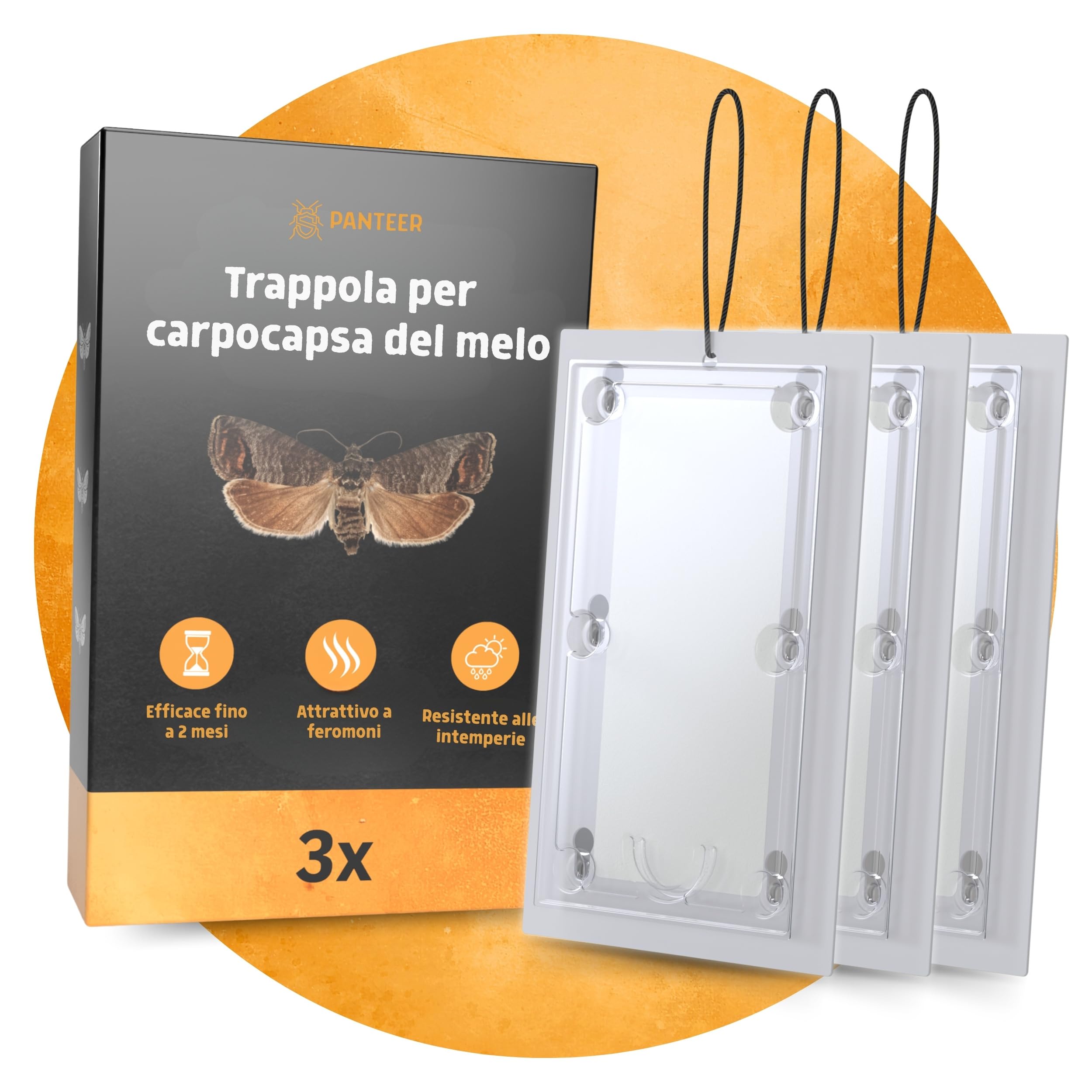 Panteer Trappola per carpocapsa – 3 Pezzi – con Cavo – Trappole a feromoni per melo e Pero – Monitoraggio Cydia pomonella – Fino a 8 Settimane – Senza Chimica – per Alberi da frutto