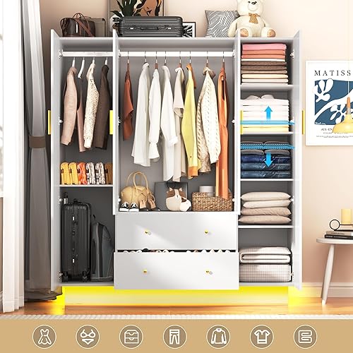 Miniatura 3 de Armario de 4 puertas con espejo, armario LED con puertas y cajones, armario de almacenamiento de madera con barra para colgar, estantes ajustables,