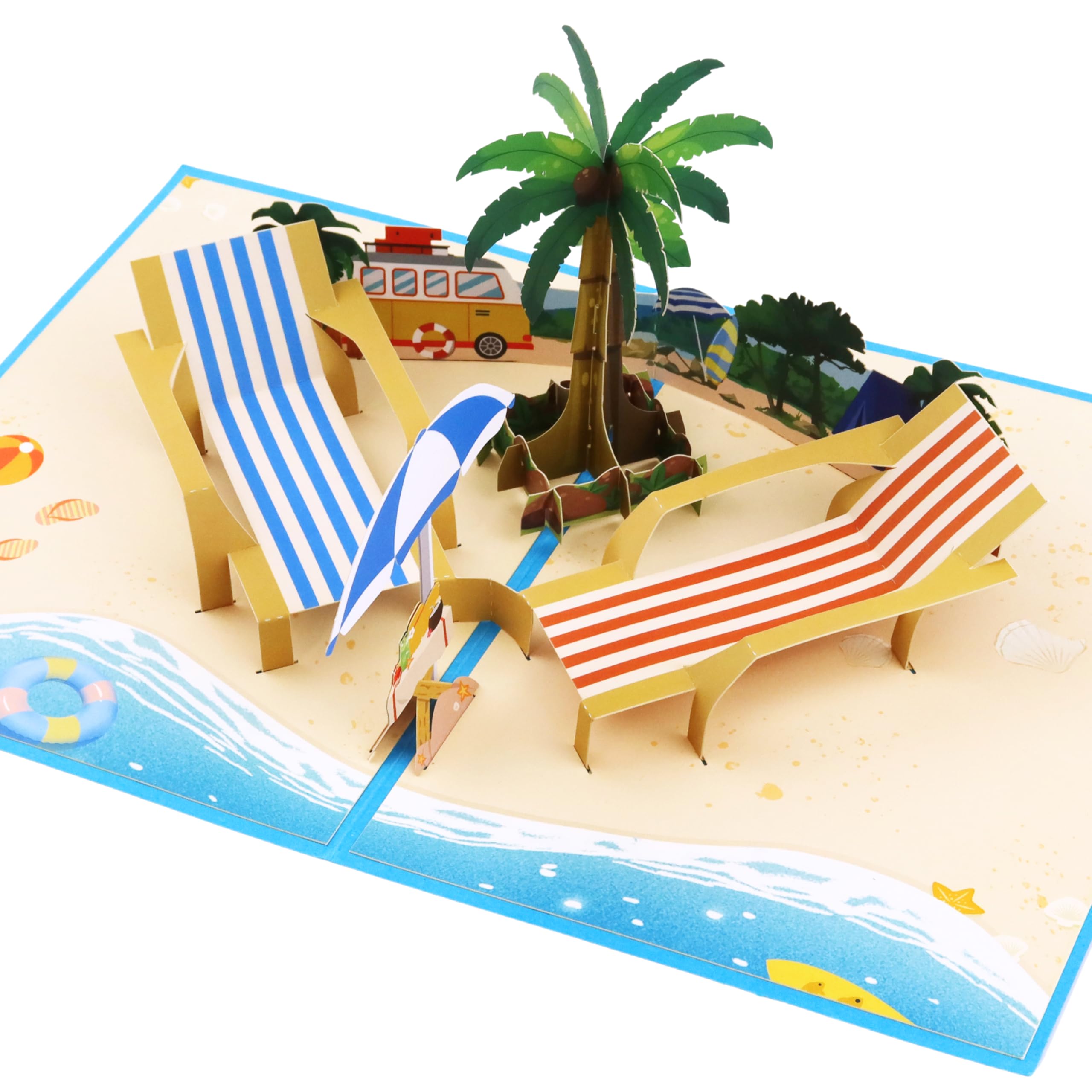 Kartka pop-up plaża – leżaki 3D i palma | idealna kartka na lato i urlop na urodziny | w zestawie koperta