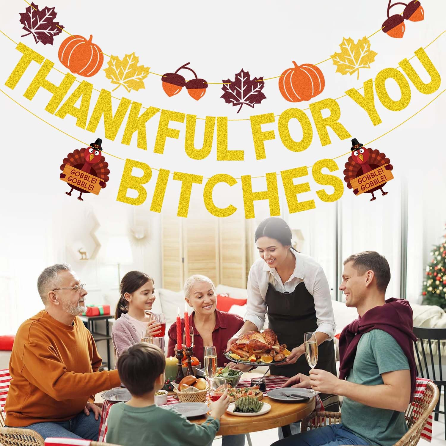 Thankful For You Banner With Foil Balloons - Glitter Thanksgiving Decor For Friendsgiving & Fall Parties