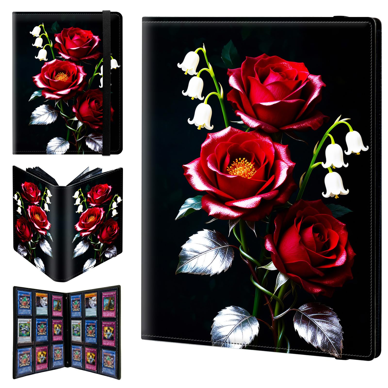 9 Pocket Trading Card Binder 900 Side Loading Pocket Album with Red Roses Flowers Pattern Design Card Binder for Sports Cards & Game Cards