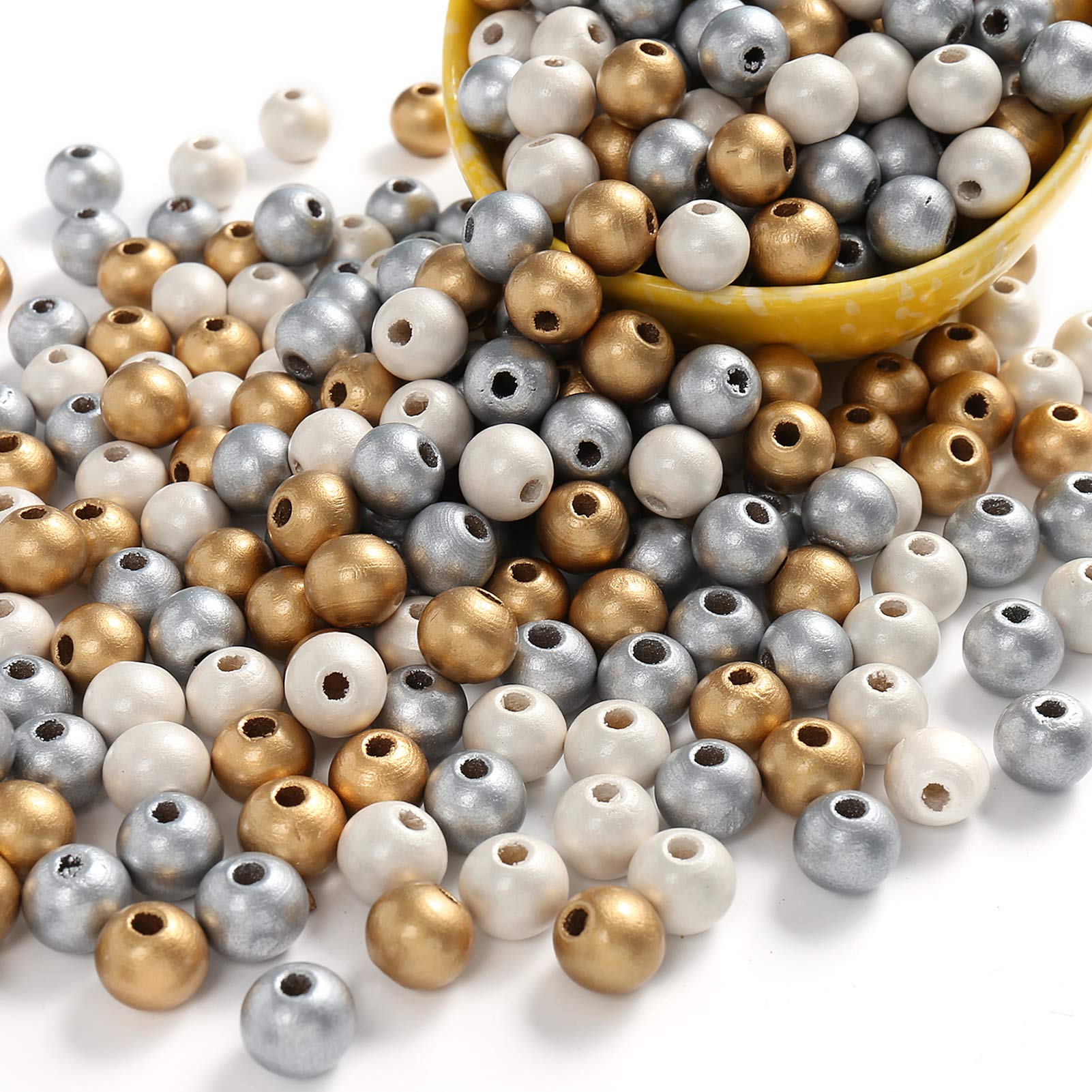 DAHI 300pcs Gold Wooden Beads Natural Gold Silver White Craft Beads,Round Wooden with Hole for DIY Jewellery Making Craft Necklace Bracelet 3 Colours (12mm) - Image 2