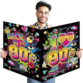 90’s Party Decorations Back to The 90's Theme Greeting Cards I Love 90’s Guest Book Signature Board Disco Hip Hop Party Decorations Neon 1990s Throwback Decor Large Greeting Card for Party Supplies