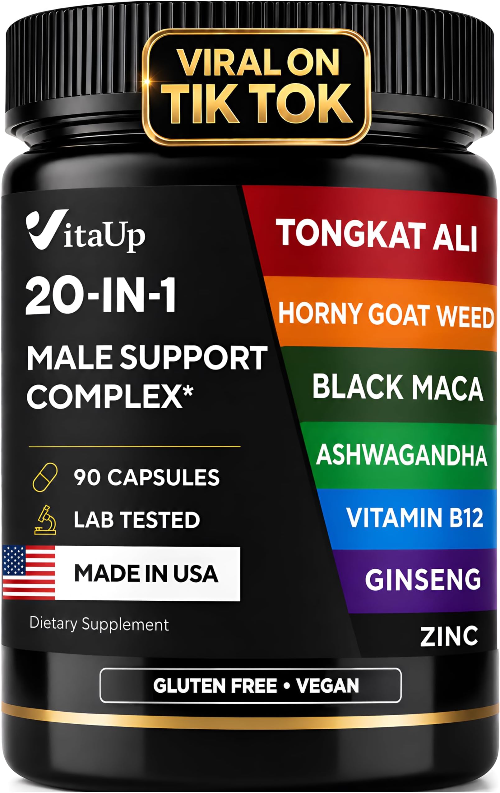 Vitamins for Men 20 in 1 - USA Made Advanced Complex with Tongkat Ali, Black Maca Root for Men, Zinc, Vitamin B12, Astragalus for Normal Energy Support - 90 Vegan Caps