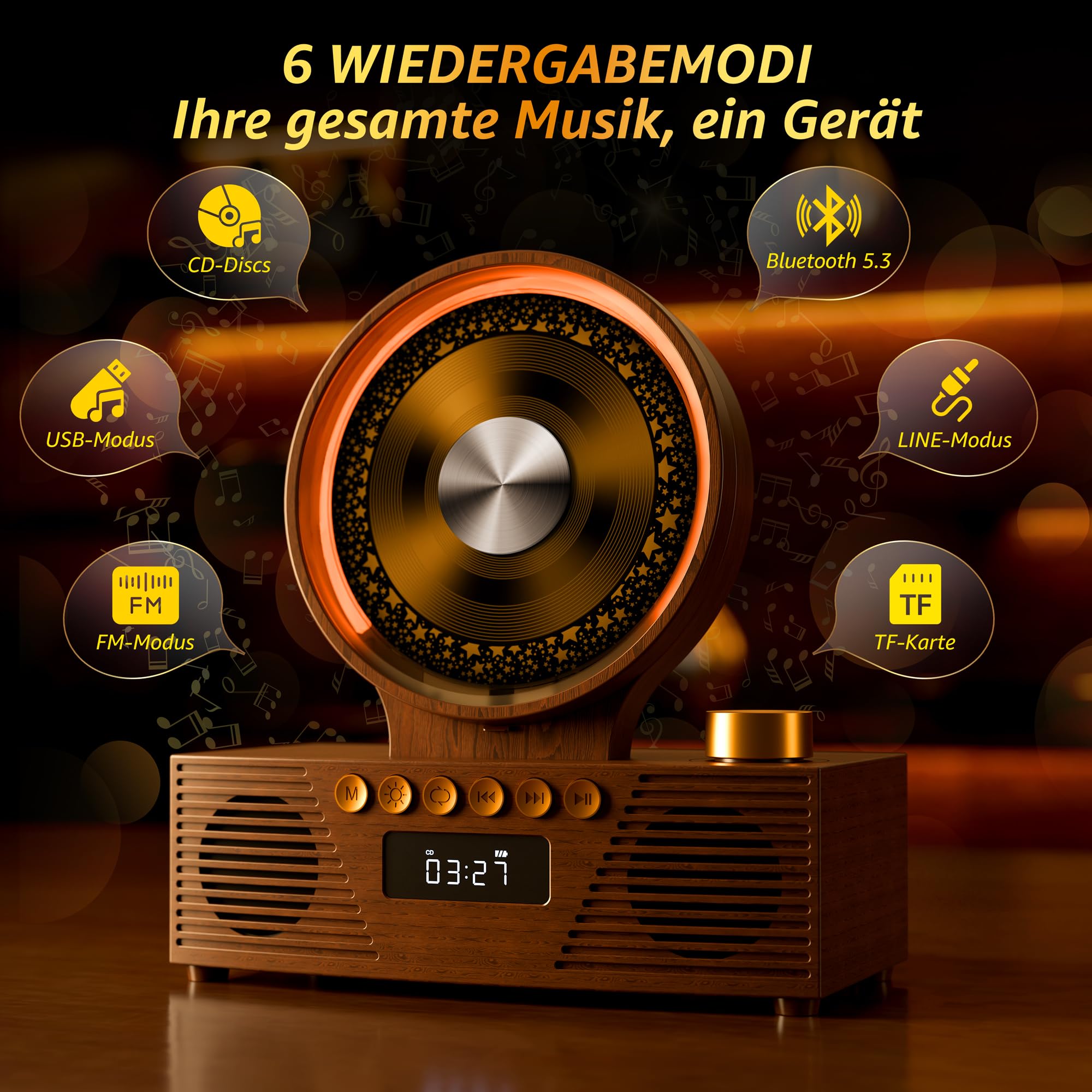 ROADOM CD Player Bluetooth 5.3 mit Dual Lautsprecher, 4000mAh Tragbar Wiederaufladbar, 6-in-1 Wiedergabe CD/USB/TF/FM/AUX, RGB Licht, Retro Desktop CD Spieler für Zuhause