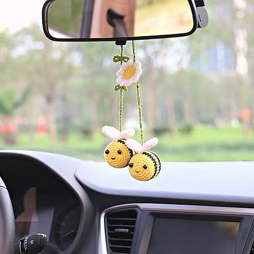 Miniatura 6 de Bunny Crochet Bee - Soporte para espejo retrovisor para automóvil, bonito adorno colgante de coche de abejorro, un regalo para los amantes de las