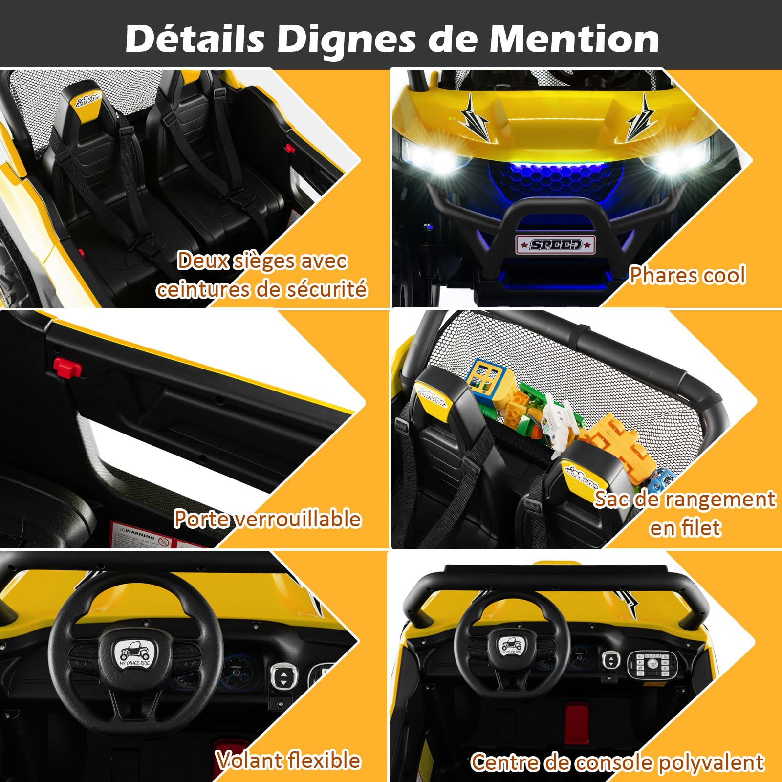 DREAMADE Voiture Électrique 12V pour Enfant, 2 Modes de Conduite, avec Télécommande Effets Sonores Lumineux, Véhicule Tout Terrain avec 2 Sièges pour Enfant 3-8 Ans, Charge 59kg, 118x74x71cm (Jaune)