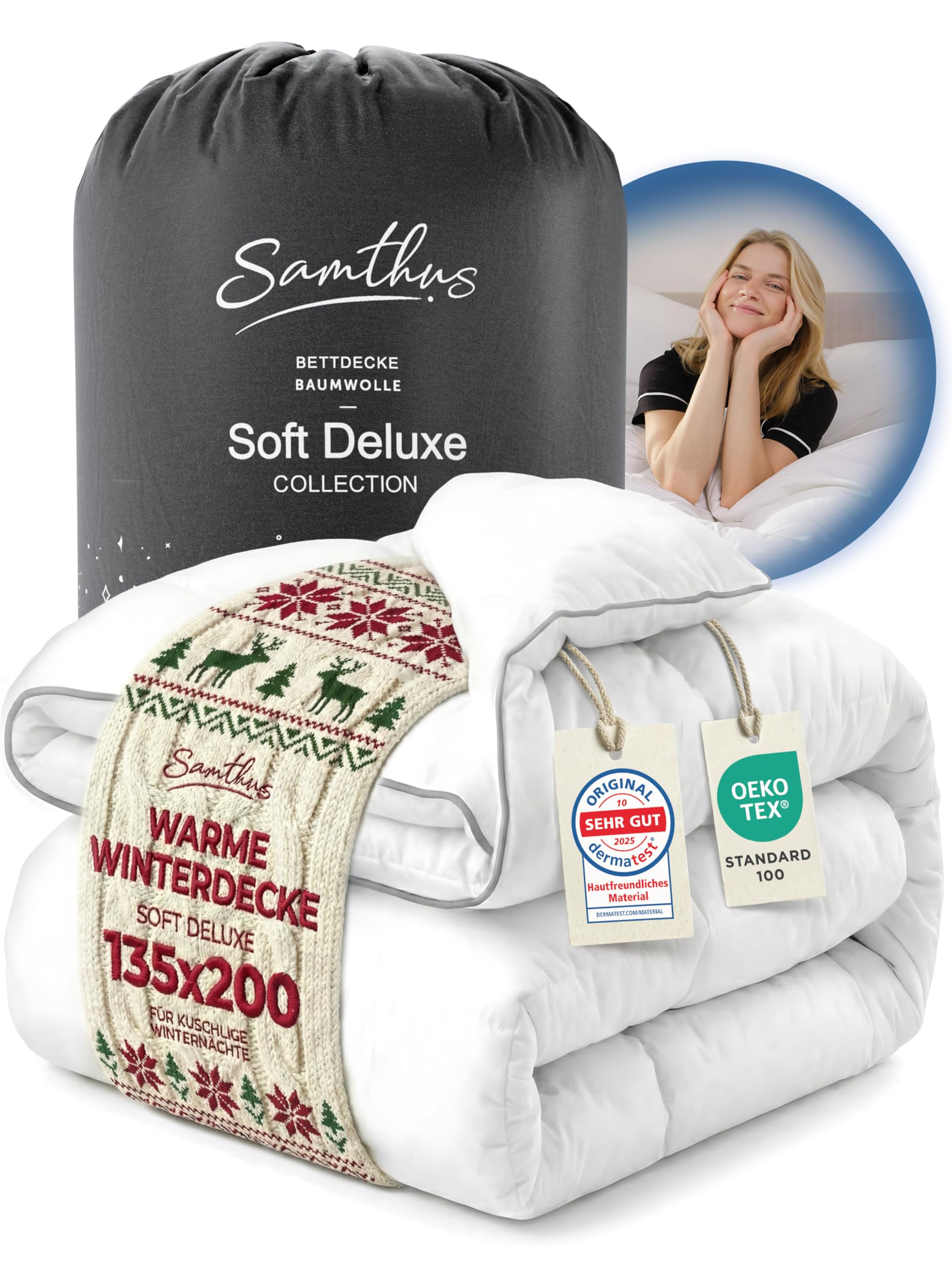 Samthus Premium Winterdecke 135x200cm - Oeko-Tex und Dermatest zertifizierte Bettdecke- kuschelige Schlafdecke Zudecke mit Aussenhülle aus 100% Baumwolle - warme Steppdecke - Winter Blanket Duvet