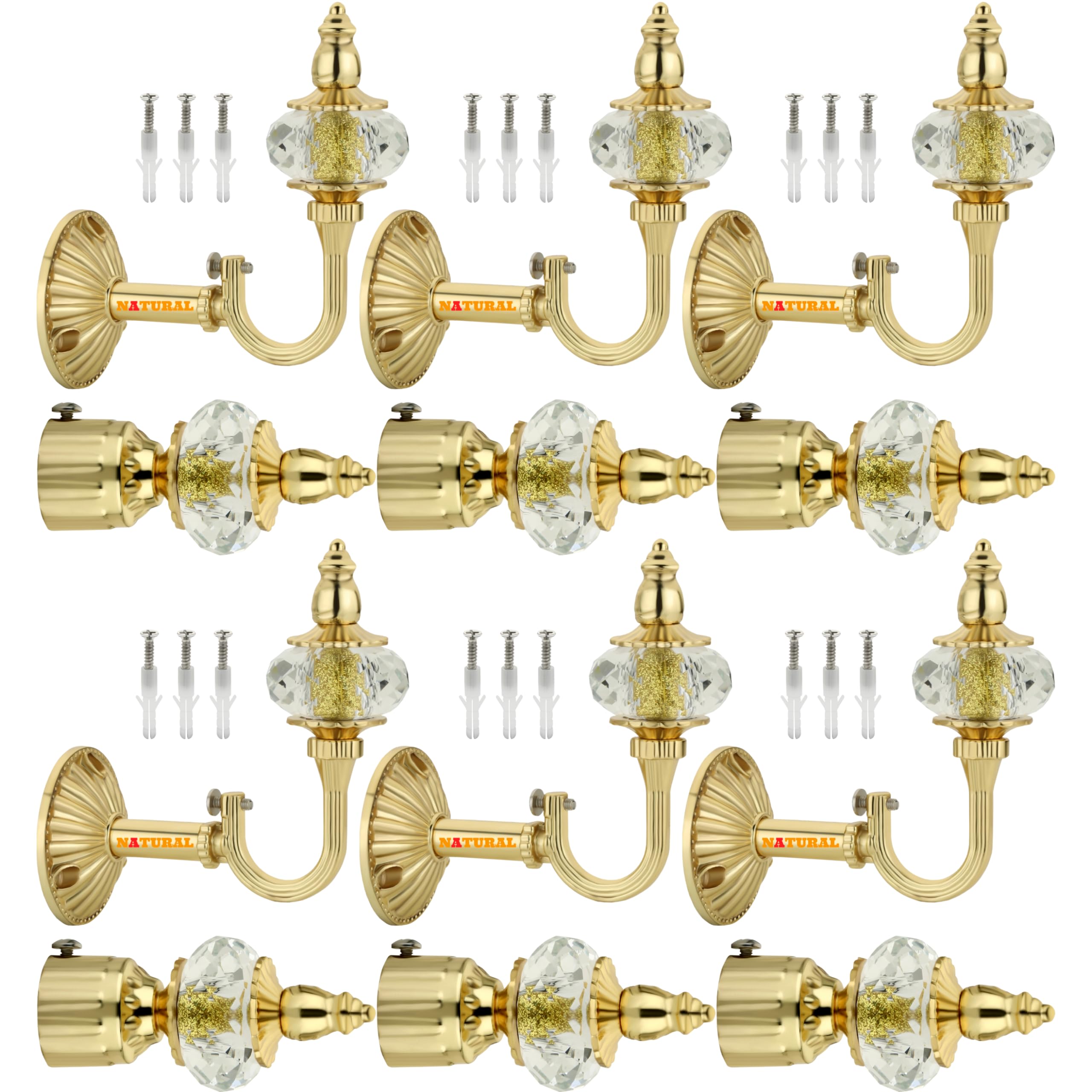 NATURAL Heavy Duty Aluminum Royal Luxury Design Curtain Bracket/Finial and Curtain Support with Screw/Wallplug for Window & Door Curtain Fittings Suitable Upto 1 Inch Pipe. (6 Set, Gold)