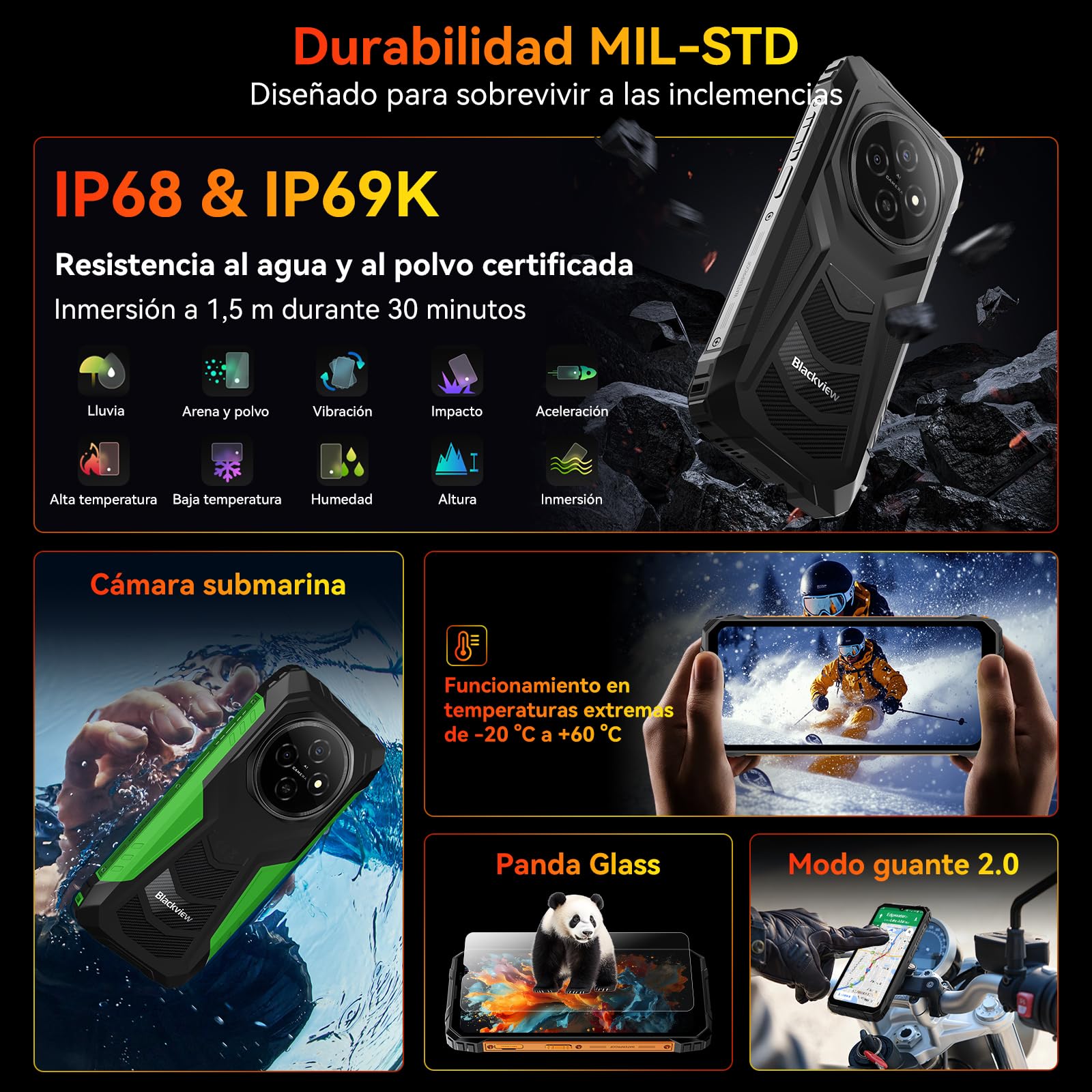 Blackview Movil Irrompible, Batería 10000mAh Movil Resistente 12GB RAM+128GB ROM/TF 2TB Mobile Rugged, 6.56" HD+ 90Hz Teléfono Movil, NFC/OTG/GPS/3 Ranuras/IP68&IP69K/390g/3Años Garantía