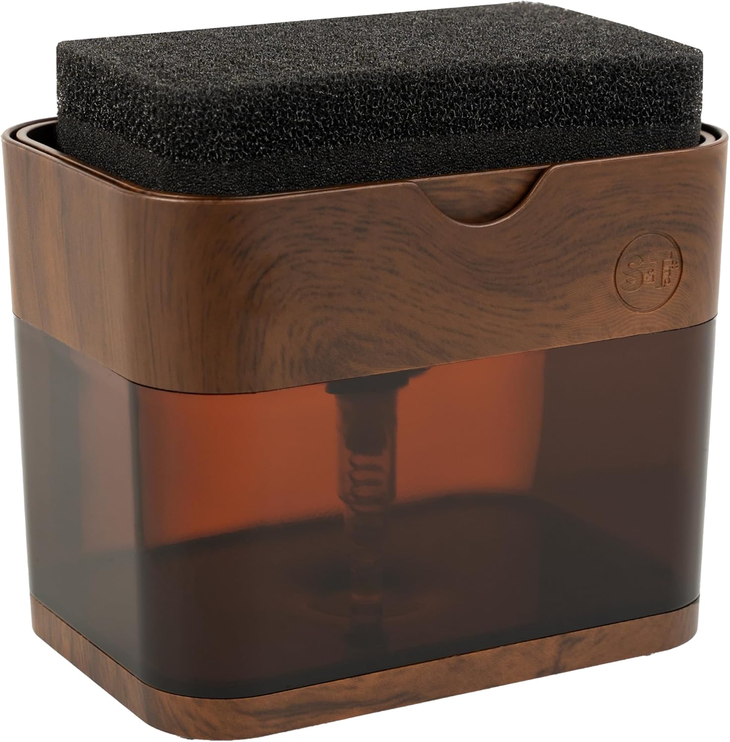 S&T INC. Dish Soap Dispenser and Sponge Holder for Kitchen Sink, Waterproof Labels and Sponge Included, 13 Ounces, Plastic, Walnut and Amber