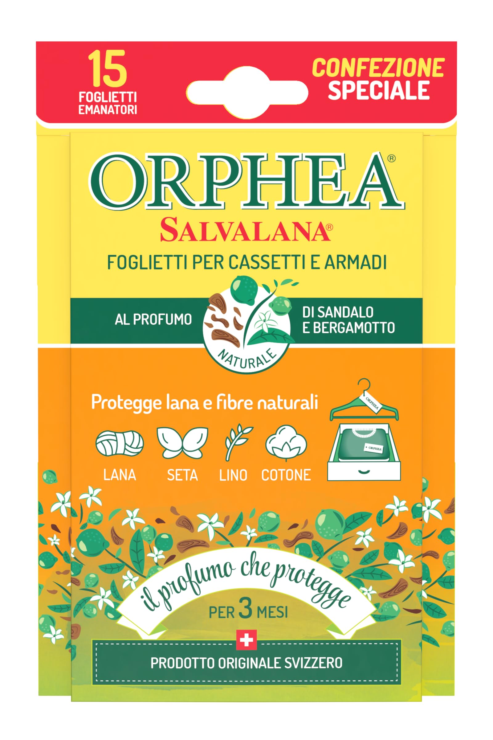 Orphea Salvalana, Foglietti per Cassetti e Armadi, Protegge Lana e Vestiti Tutta la Stagione, Profumo di sandalo e bergamotto, agisce per 12 settimane - 15 Foglietti Emanatori
