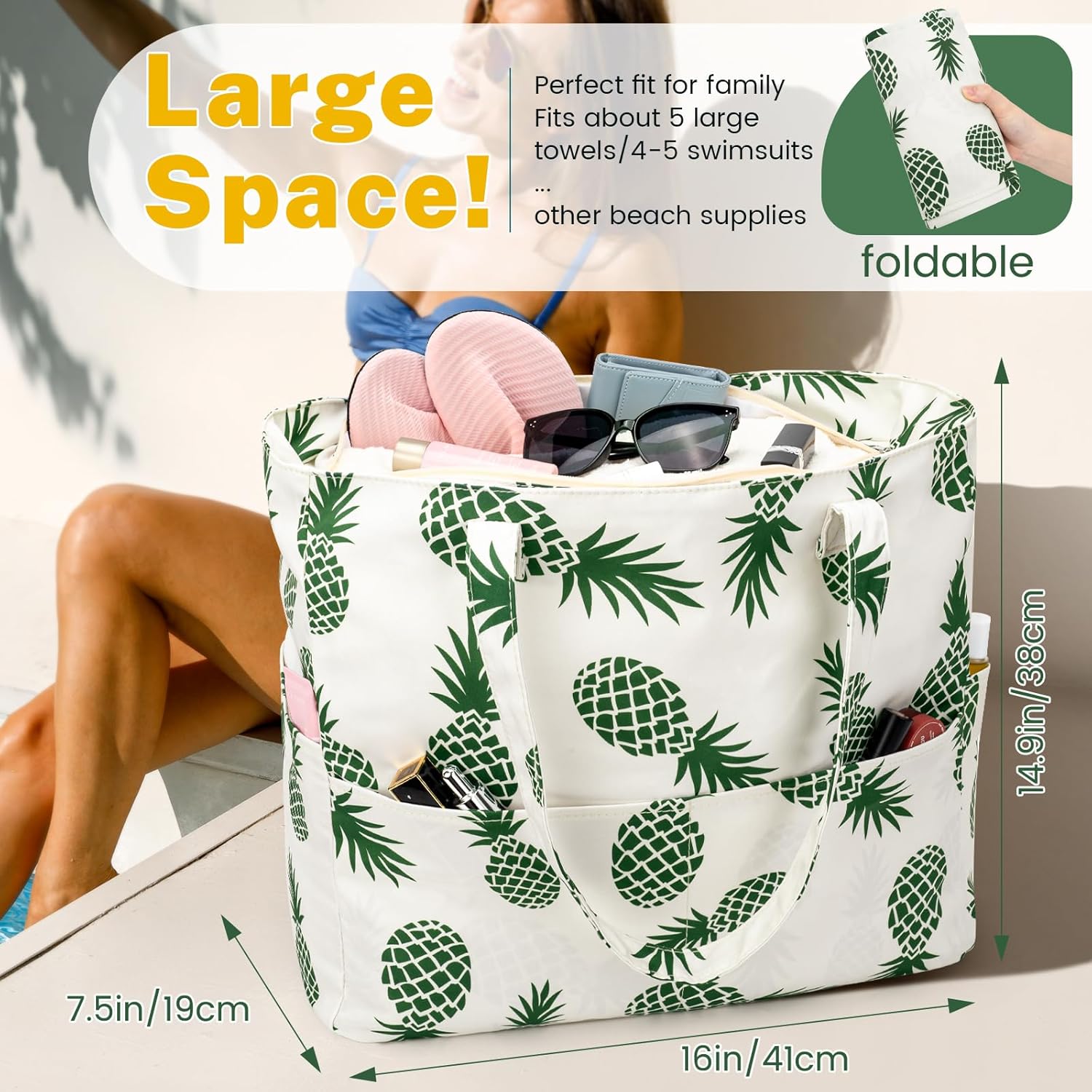 Iioscre Beach Bag for Women, Large Beach Tote Bag with Zipper Pockets, Waterproof Sandproof Swim Bag Pool Vacation Travel - Image 2