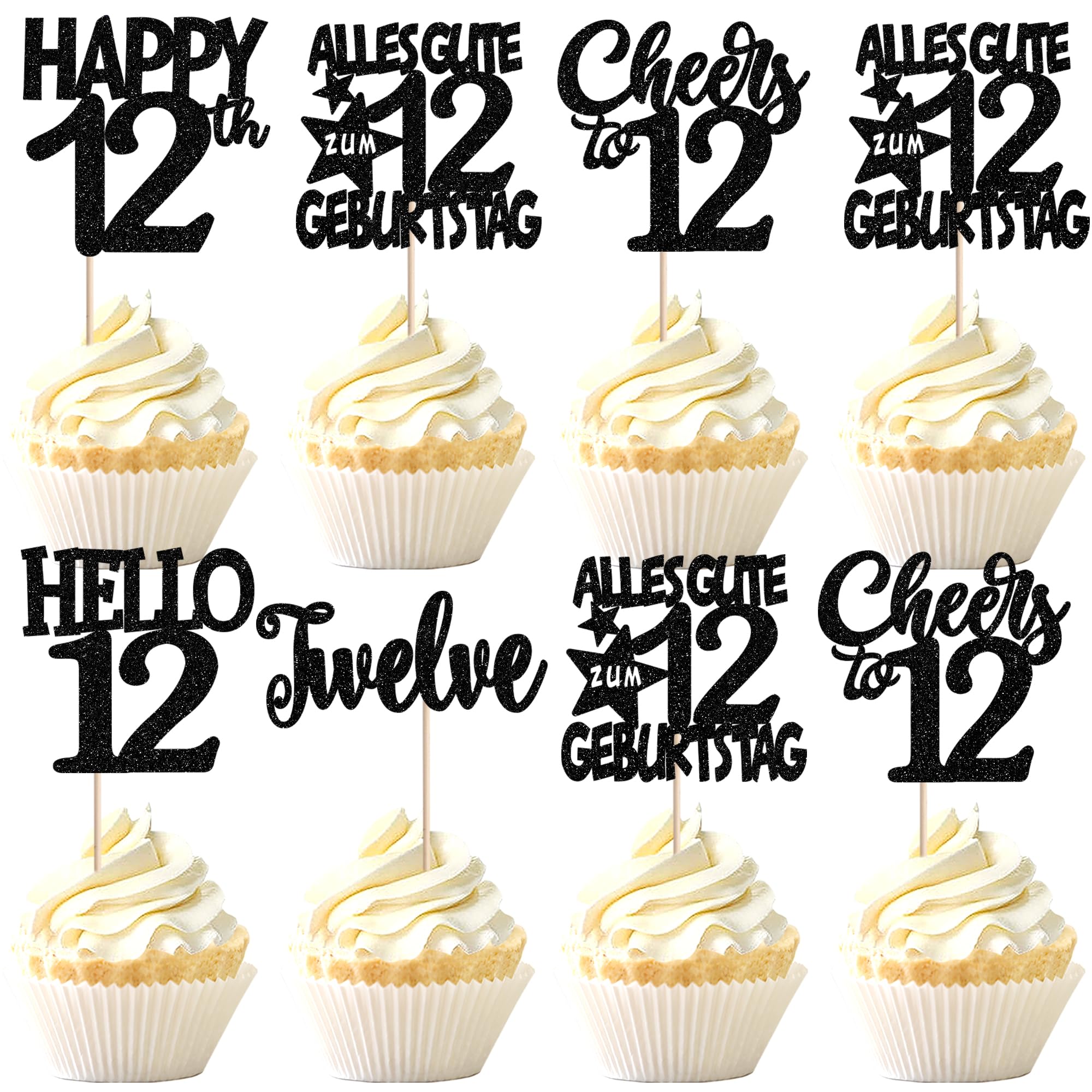 30 Stück Alles Gute zum Geburtstag 12 Tortendeko Glitzer Hello 12 Twelve Cupcake Toppers Happy 12th Kuchen Deko für Prost auf 12th Jahre Jahrestag Party Kuchen Dekorationen Schwarz