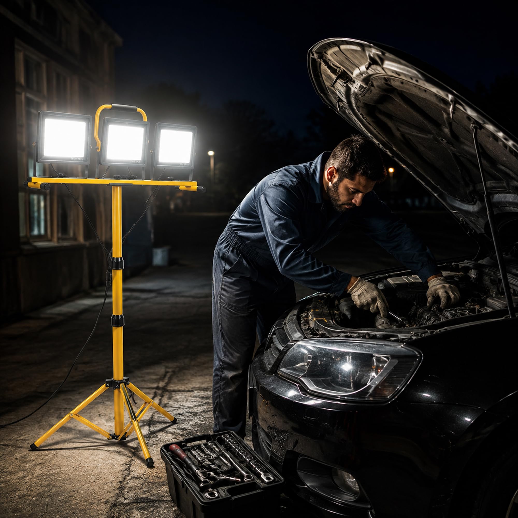 Projecteur LED chantier, 70W×3, sur trépied, IP66, avec câble 5M | Orientable; hauteur réglable; pour atelier et garage.