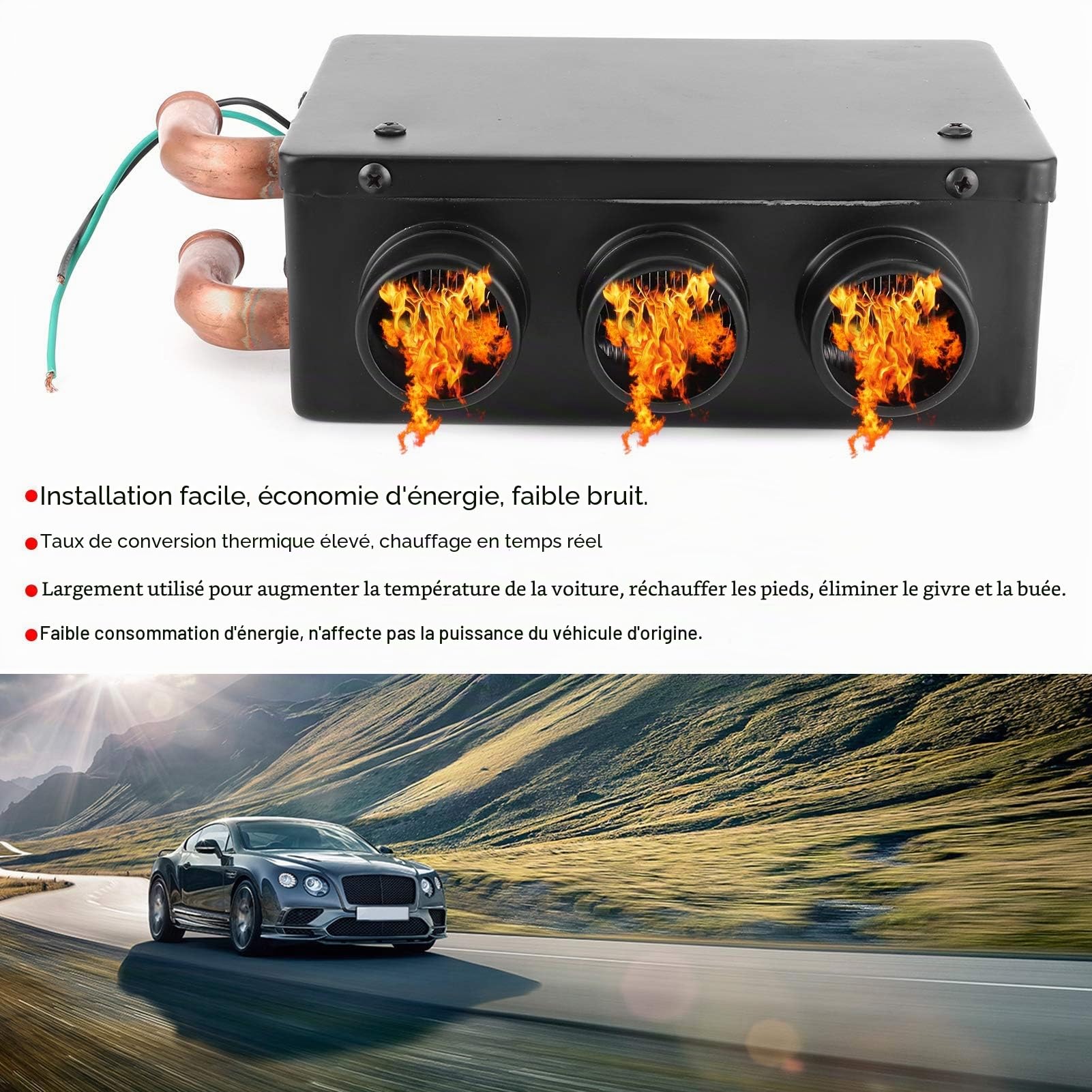 Ejoyous Chauffage de Voiture 12V, 50W, Dégivreur Portable 3 Trous avec Faible Bruit pour Véhicule en Hiver
