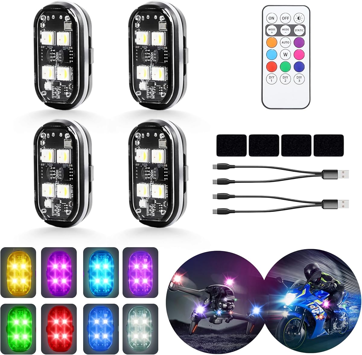 4-LED Wireless LED Strobe Lights with Remote Control, 4PCS High Brightness Wireless led Light 8 Color Waterproof Anti-Collision Warning Lights for Car Motorcycle Drone Truck Bike