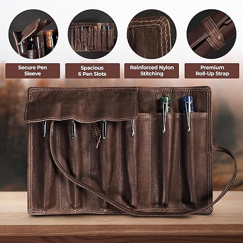 Miniatura 5 de Estuche para bolígrafo estilográfico, bolsa de cuero plegable con solapa de dos bolígrafos para cualquier bolígrafo, estuche de cuero marrón de alta