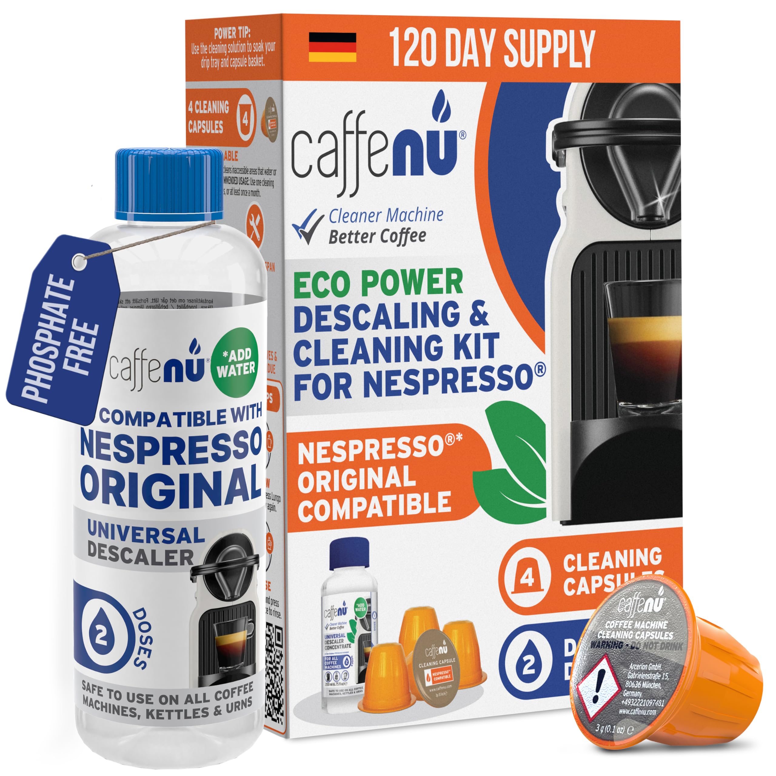 Caffenu Nespresso Original kompatibles Reinigungs-Set | 2x Flüssig Entkalker | 4x Reinigungskapseln | Verhindert Maschinenausfälle | Natürliche Formel | Für perfekten Kaffeegenuss | 4-Monats-Packung