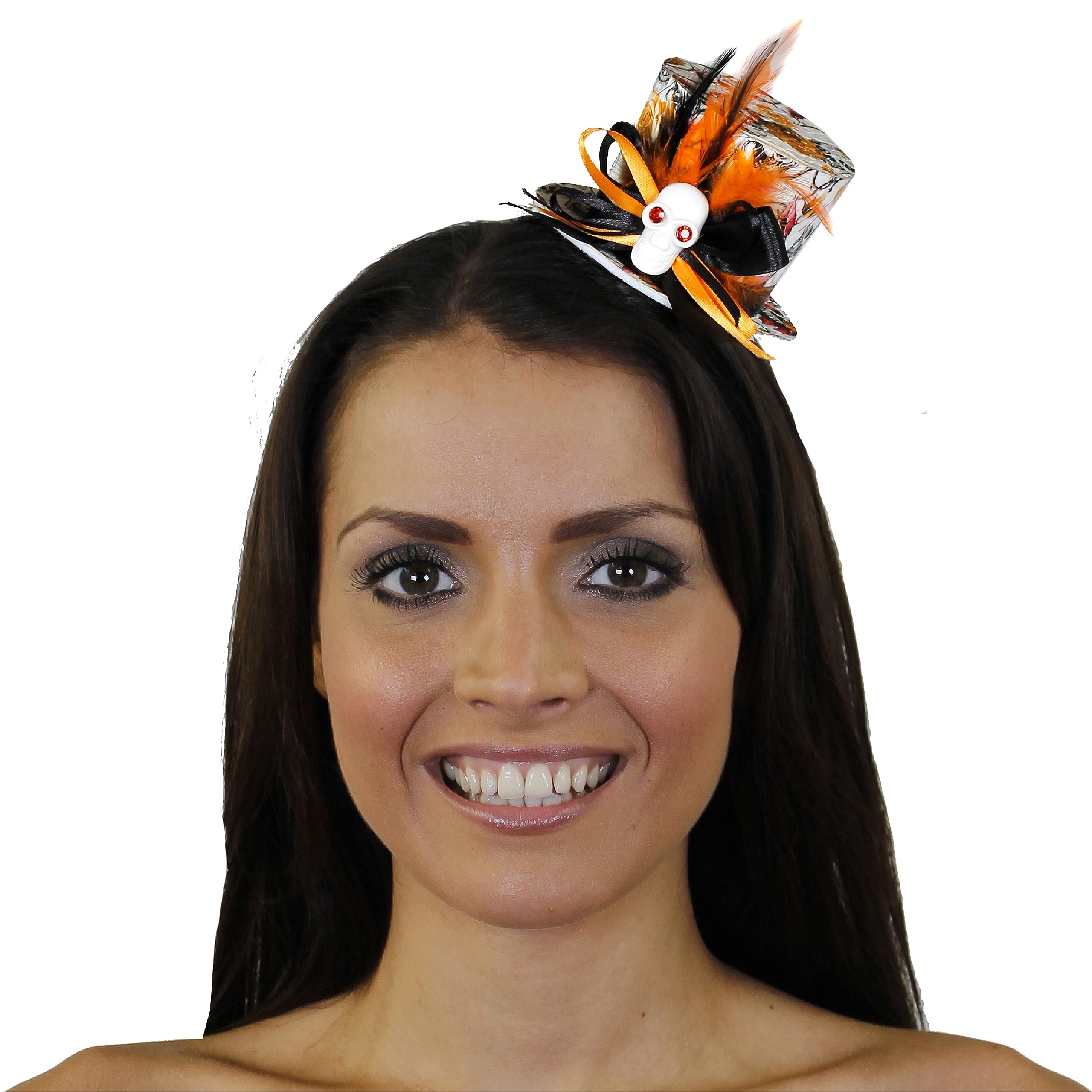 Mini Skull Top Hat Accessory - Pack of 4 - White Skull and Orange Rose Print Top Hat with Orange and Black Feather Detail - Adults Halloween Day of the Dead Fancy Dress Costume Accessory