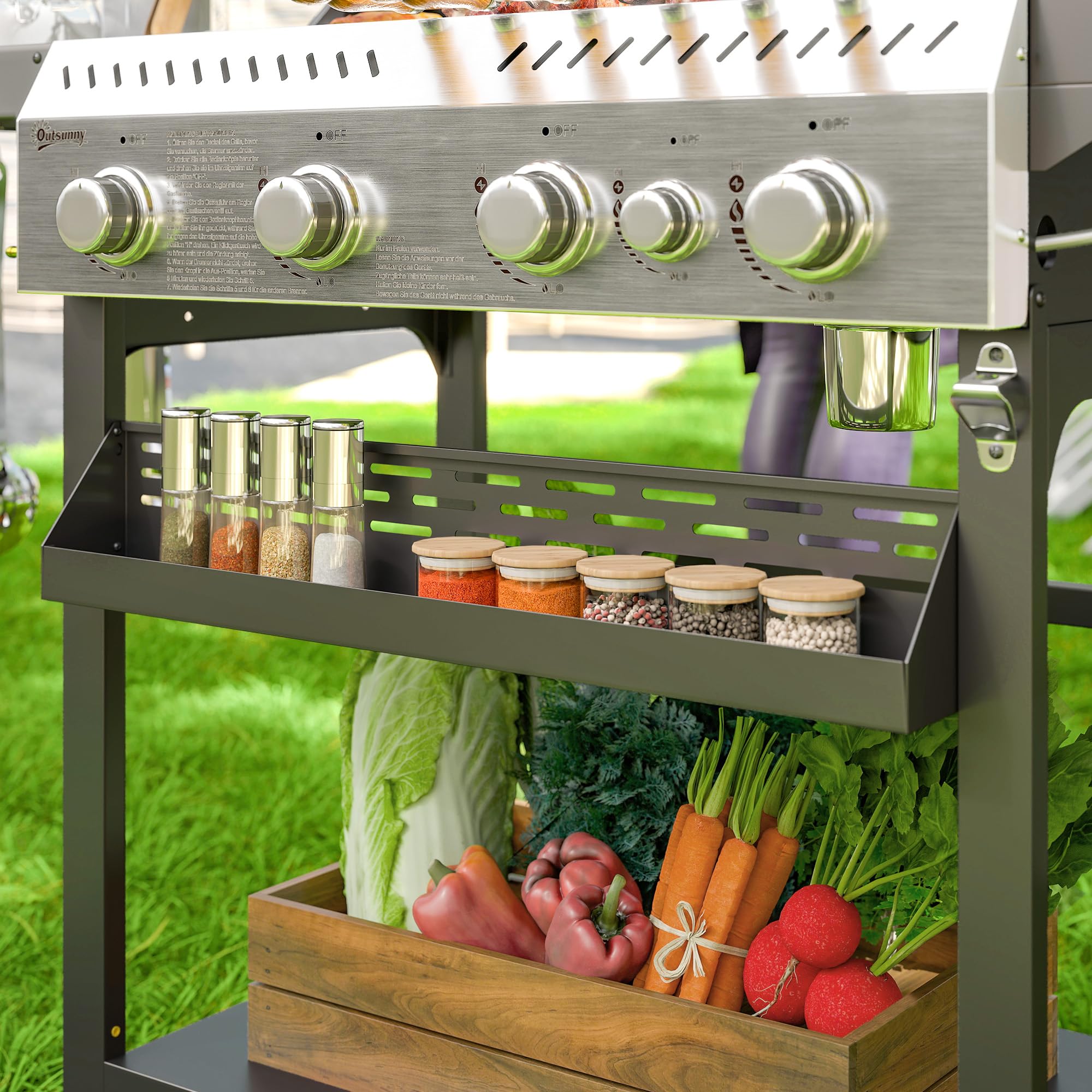 Outsunny Gasgrill 12 KW 4+1 Brenner BBQ Grillwagen aus Edelstahl mit Seitenbrenner, Thermometer, Grillrost, Kochfeld, Flaschenöffner und Seitenablagen Gasgrill für Camping Balkon 135 x 55 x 103cm