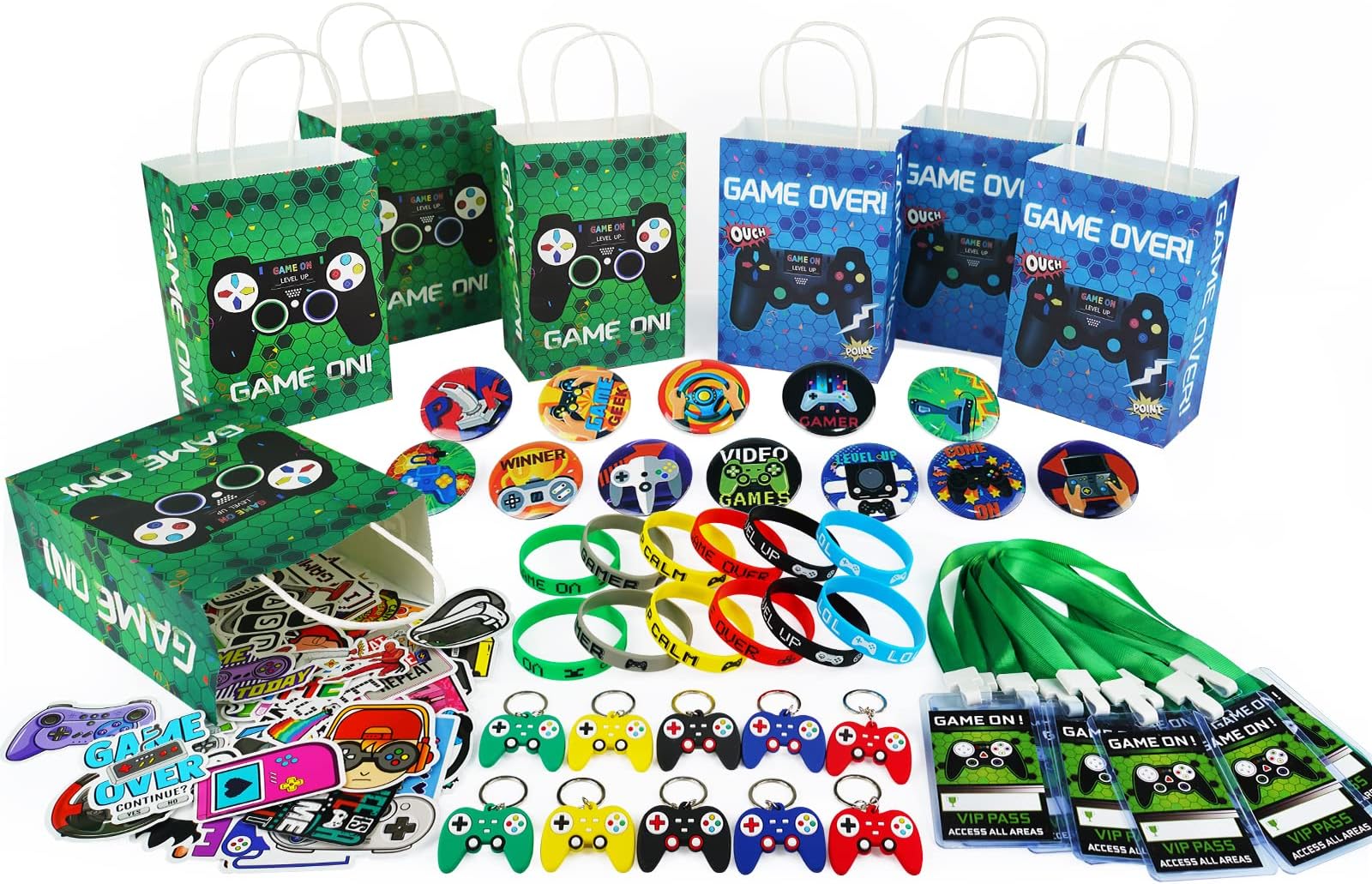 YIIHMEIGaming Party Bag Fillers 110pcs Video Game Birthday Party Supplies with Goodie Bags Stuffers Inclu VIP Pass Lanyards Bracelet Keybuckle Stickers etc for Classroom Prizes and Kids Return Gifts