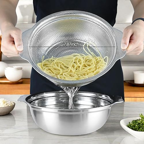 Miniatura 2 de Colador de acero inoxidable para cocina, colador de arroz de 2.5 cuartos de galón con tazón para mezclar, juego de cuencos coladores con microporoso