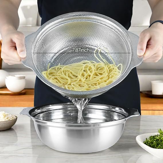 Stainless Steel Colander for Kitchen, 2.5QT Rice Washer Strainer with Mixing Bowl, Colander Bowl Set with Microporous for Washing Rice, Pasta, Spaghetti, Fruits, Dishwasher Safe(2PC)