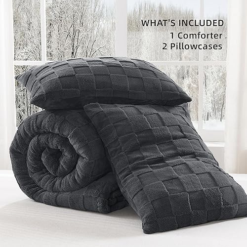 Miniatura 7 de Litanika Juego de edredón mullido tamaño Queen de 3 piezas, cálido juego de ropa de cama de invierno de forro polar sherpa, juego de cama de felpa