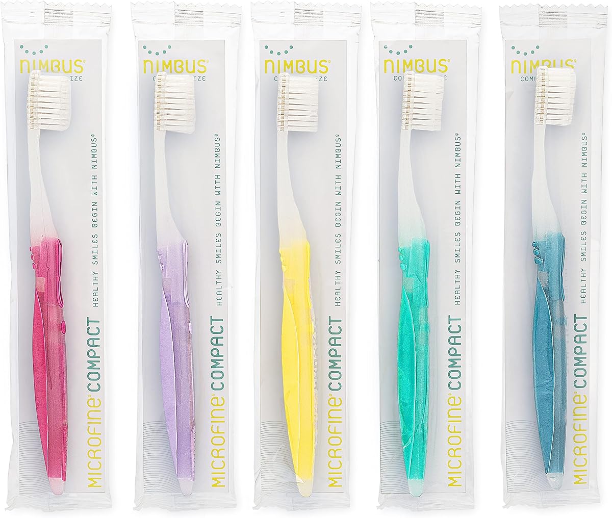 Nimbus Cepillos de dientes extra suaves (cabeza de tamaño compacto) Diseño periodoncista Cerdas cónicas para dientes sensibles y encías retraídas, cepillo de dientes removedor de placa envuelto individualmente (paquete de 5, los colores pueden variar)