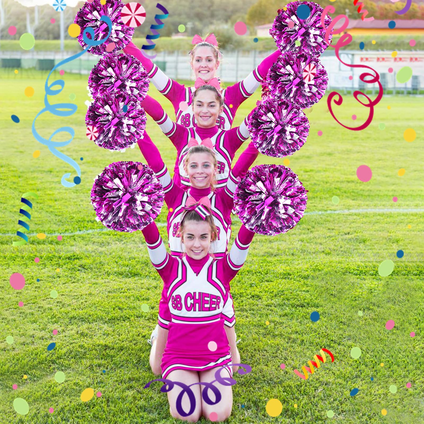Meanju 3 Piezas Pompoms Animadoras, Pompones de Animadora con Asas, Pompones Animadora Rosa, Cheerleader Pompom para Deportes Team Spirit Cheering Reemplazo para Fiestas Pompones Deportivos — view 4
