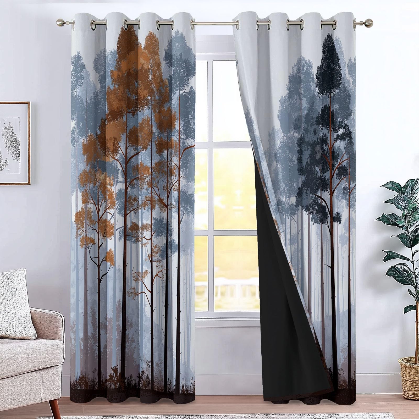 Cortinas Opacas Viento Natural 100% Opacas 140 An X 245 Al Cm 2 Paneles, Cortinas Ojales Minimalismo Bosque Plantascortina Térmica Protección Contra El Fríopara Niños Dormitorio Cocina Cafeteríagris