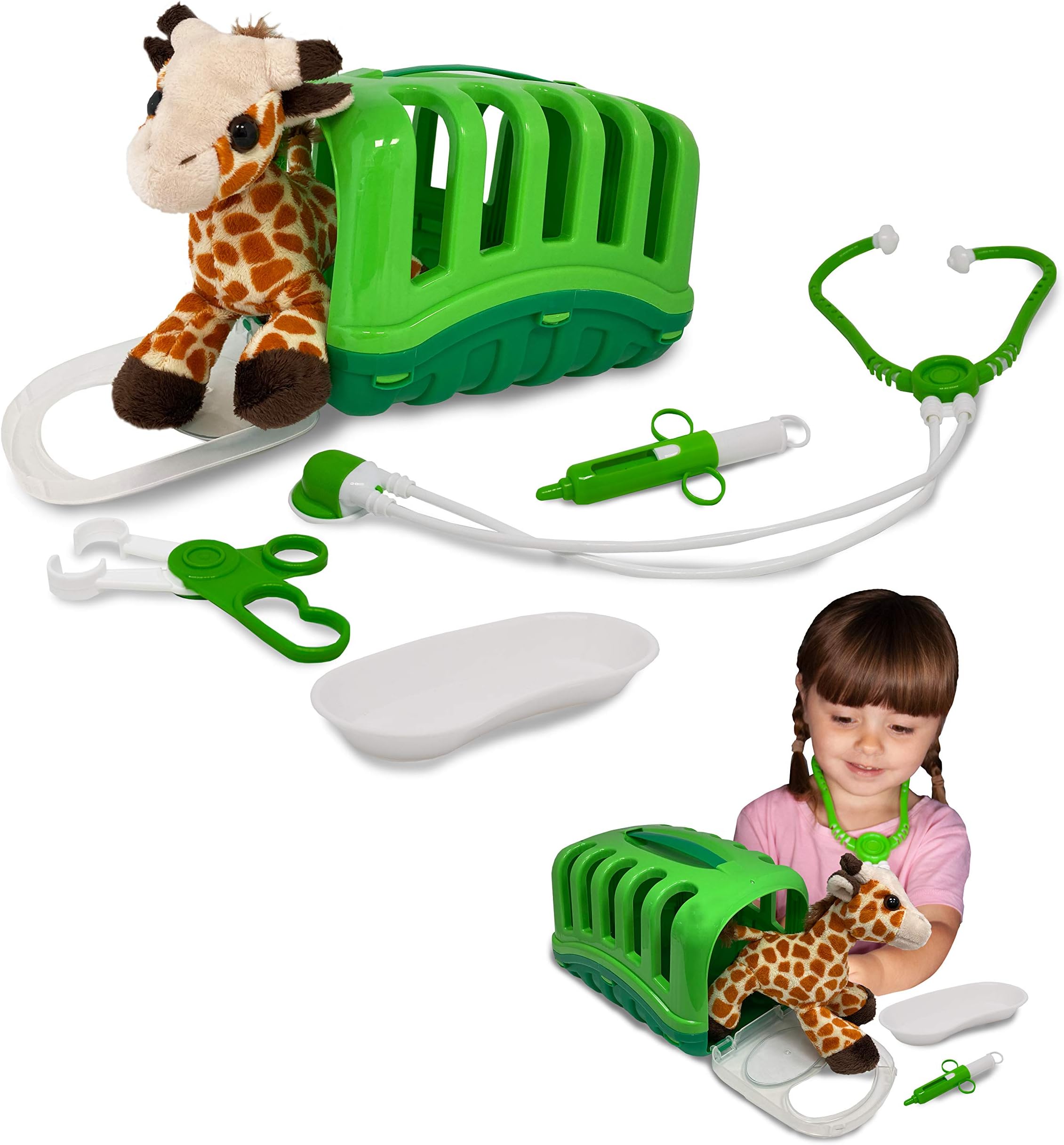 My Little Vet Basket - Baby Giraffe Set from Deluxebase, Plush Giraffe Toy Doctors Set with Pet Carrier, Stethoscope, Syringe, Tray & Vet Accessories - Pretend Play Doctor Kit for Kids