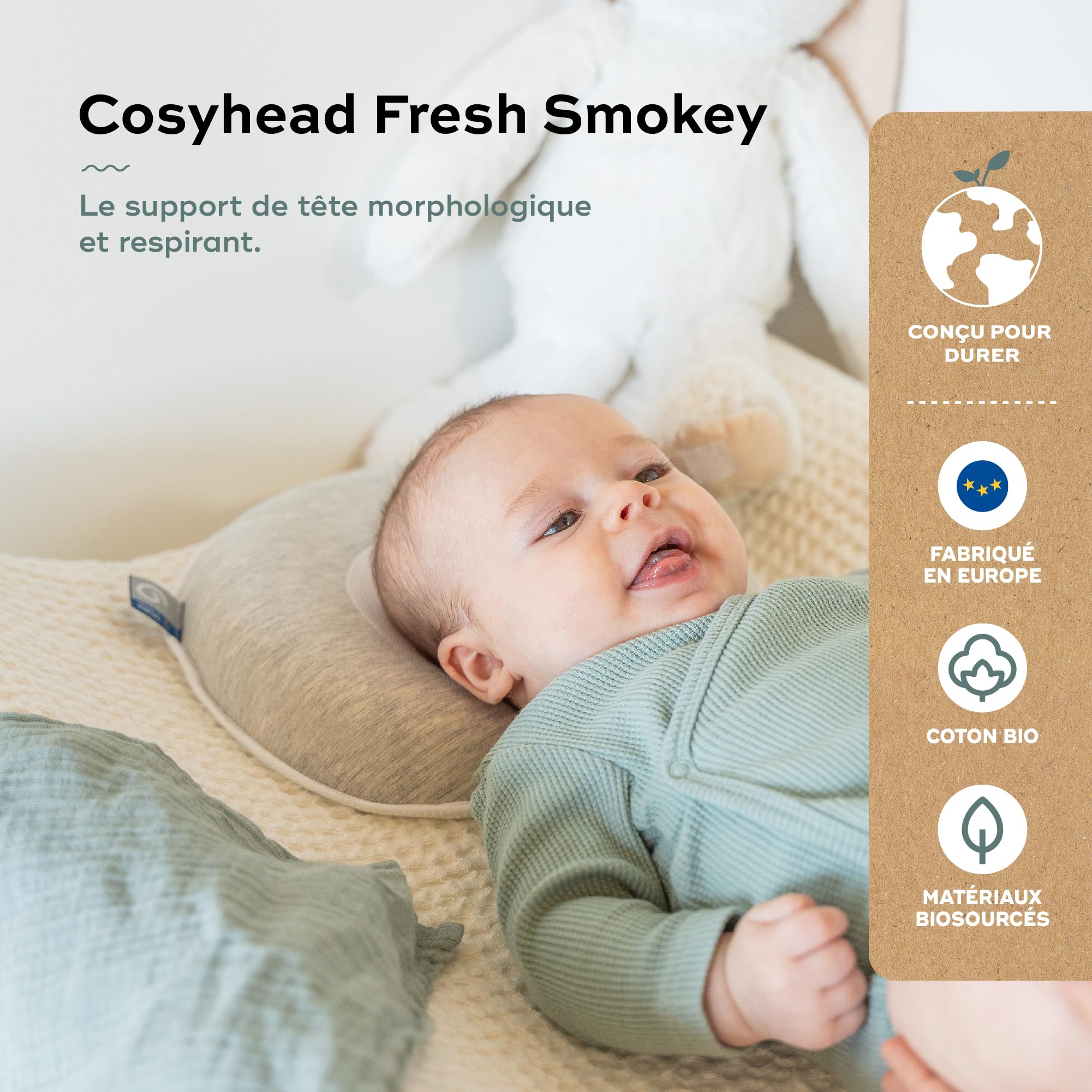 Babymoov Cosyhead Fresh Smokey, cuffia ergonomica e traspirante per bambini, made in Europe