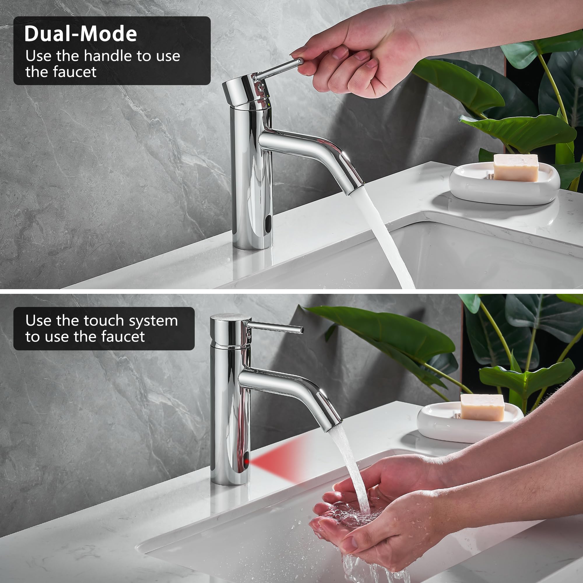 Rubinetto con Sensore Infrarossi Automatico per Lavabo Bagno - Miscelatore in Acciaio Inossidabile - Batteria - Cromo Argento