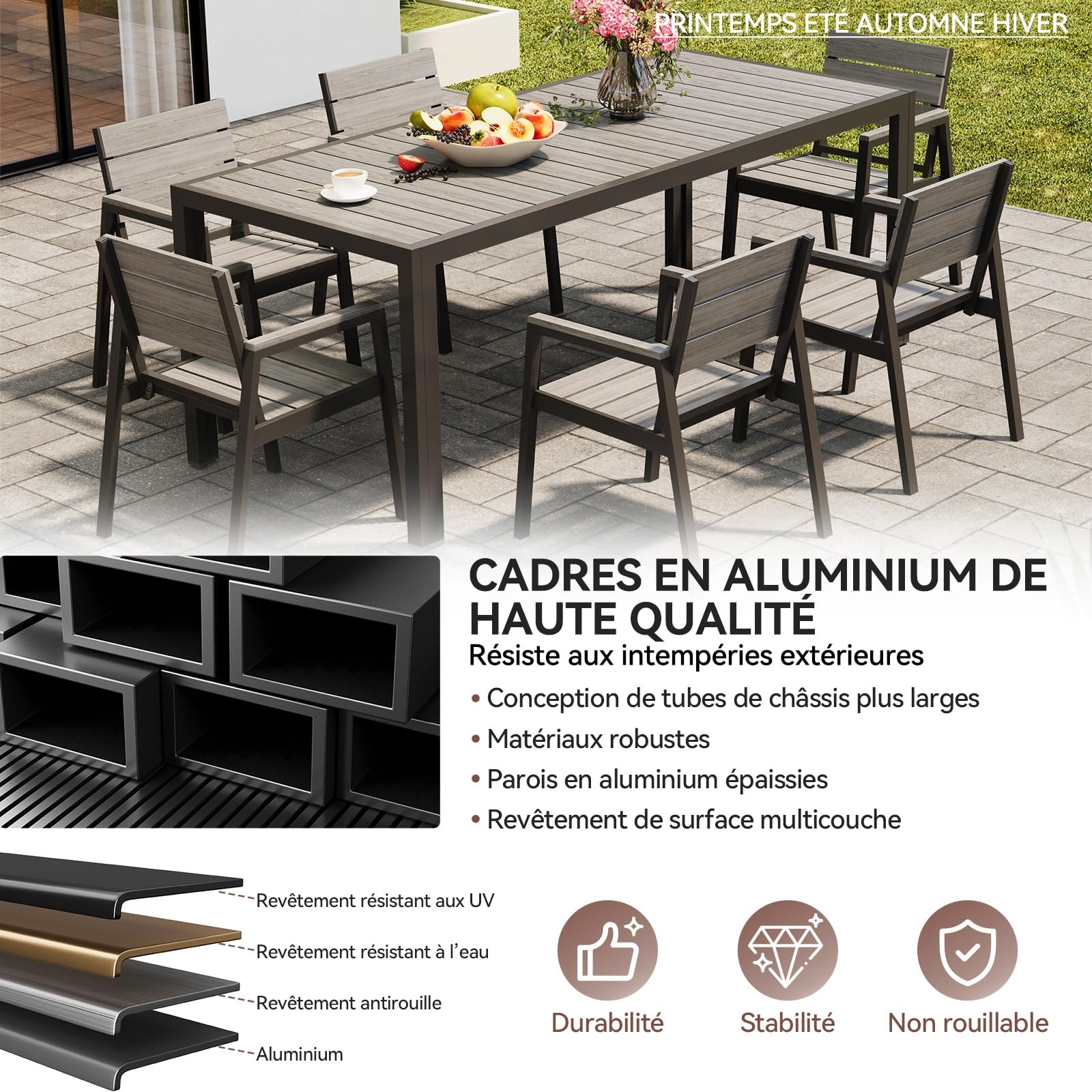 Devoko HDPS Salon de Jardin Exterieur 7 Pièces, Résistance aux Intempéries Ensemble 189 cm Table et 6 Chaise de Jardin Exterieur Aluminium, Finition Grain de Bois et Facile d'entretien(Gris)