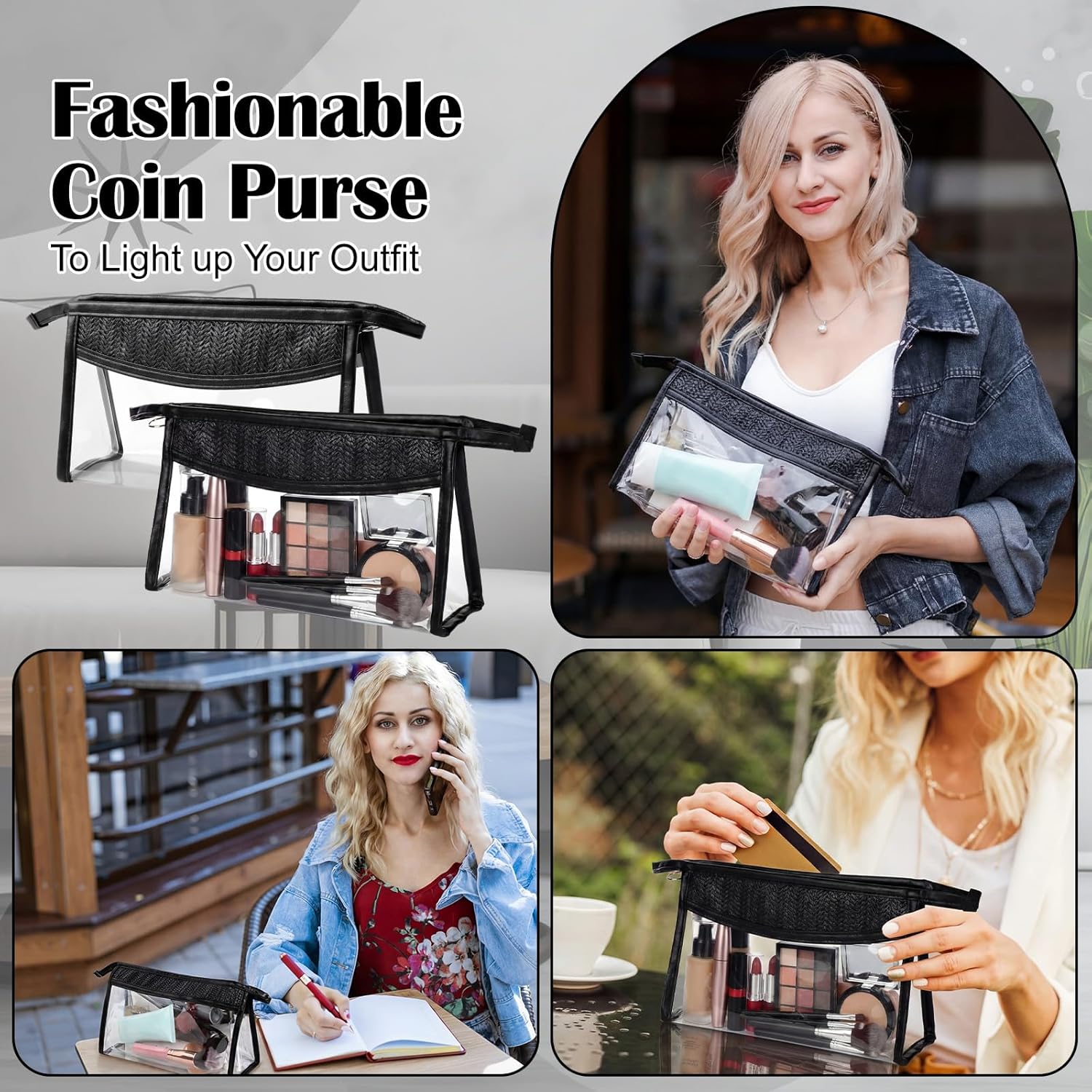 Kacctyen 10 Pcs Boho Clear Beach Bag Makeup Pouch Waterproof Sunscreen Cosmetic Bag with Zipper for Bridesmaid Gifts Wedding Party Favors Beach Vacation (Black)