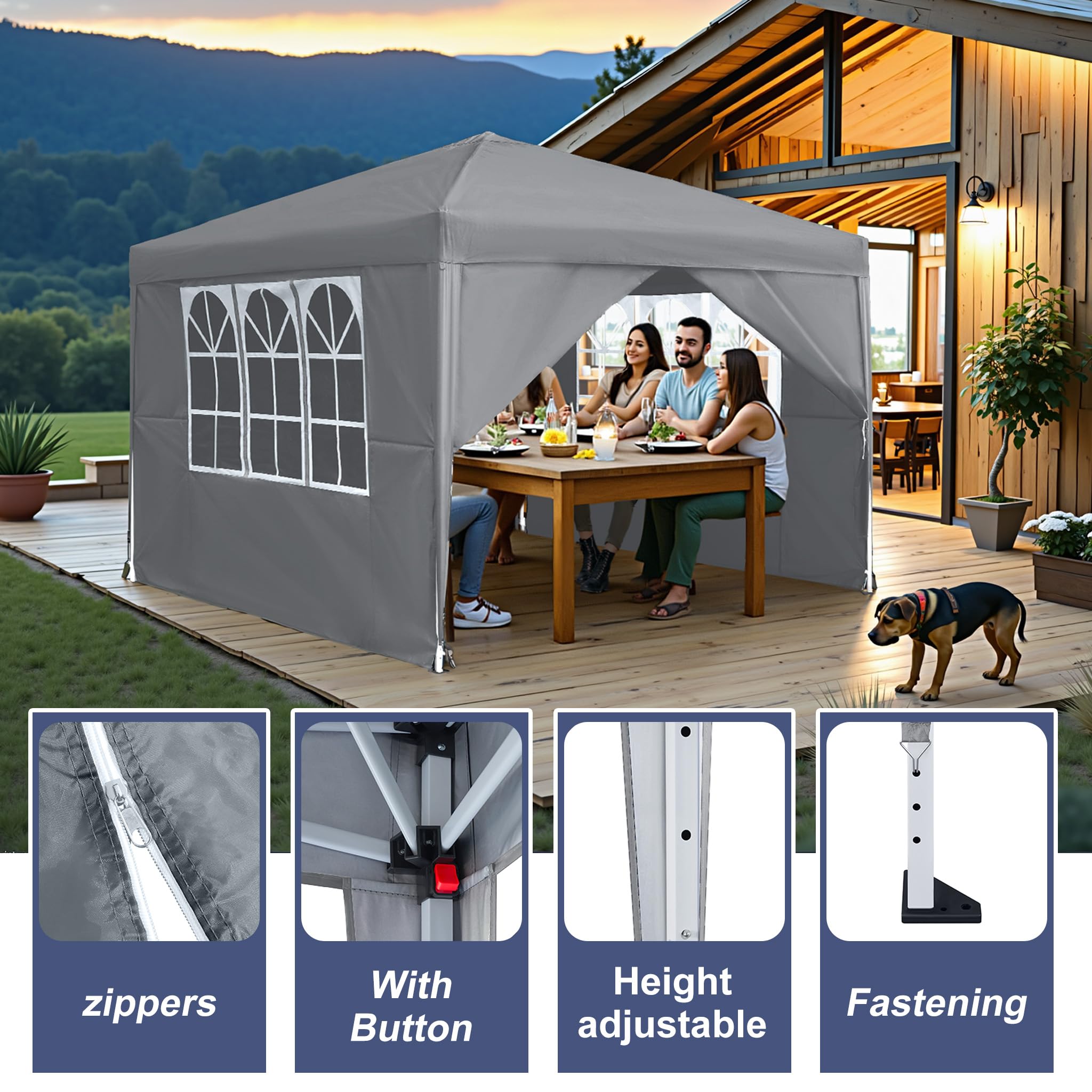 LZQ Pavillon Faltpavillon 3x3m Schnellaufbau Gartenpavillon Partyzelt Faltzelt mit 4 Seitenteilen, UV Schutz Höhenverstellbar für Garten, Strand, Party, Hochzeit, Festival und Camping, Silbergrau