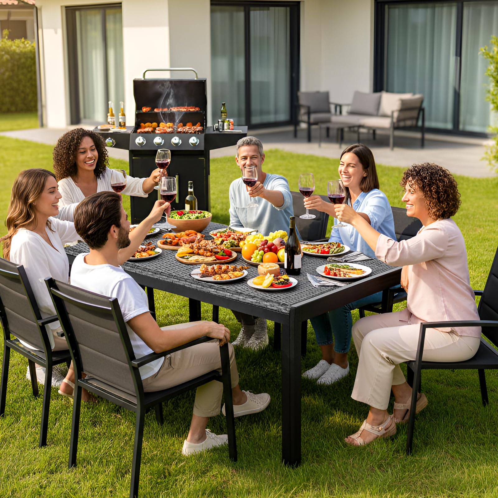 LIFERUN Tavolo da Giardino Rettangolare 4-6 Persone in PE Rattan e Metallo, 119x74 cm, Tavolo da Pranzo Esterno, Resistente alle Intemperie per Terrazza Balcone, Facile da Pulire,Grigio,4 PCS Gambe